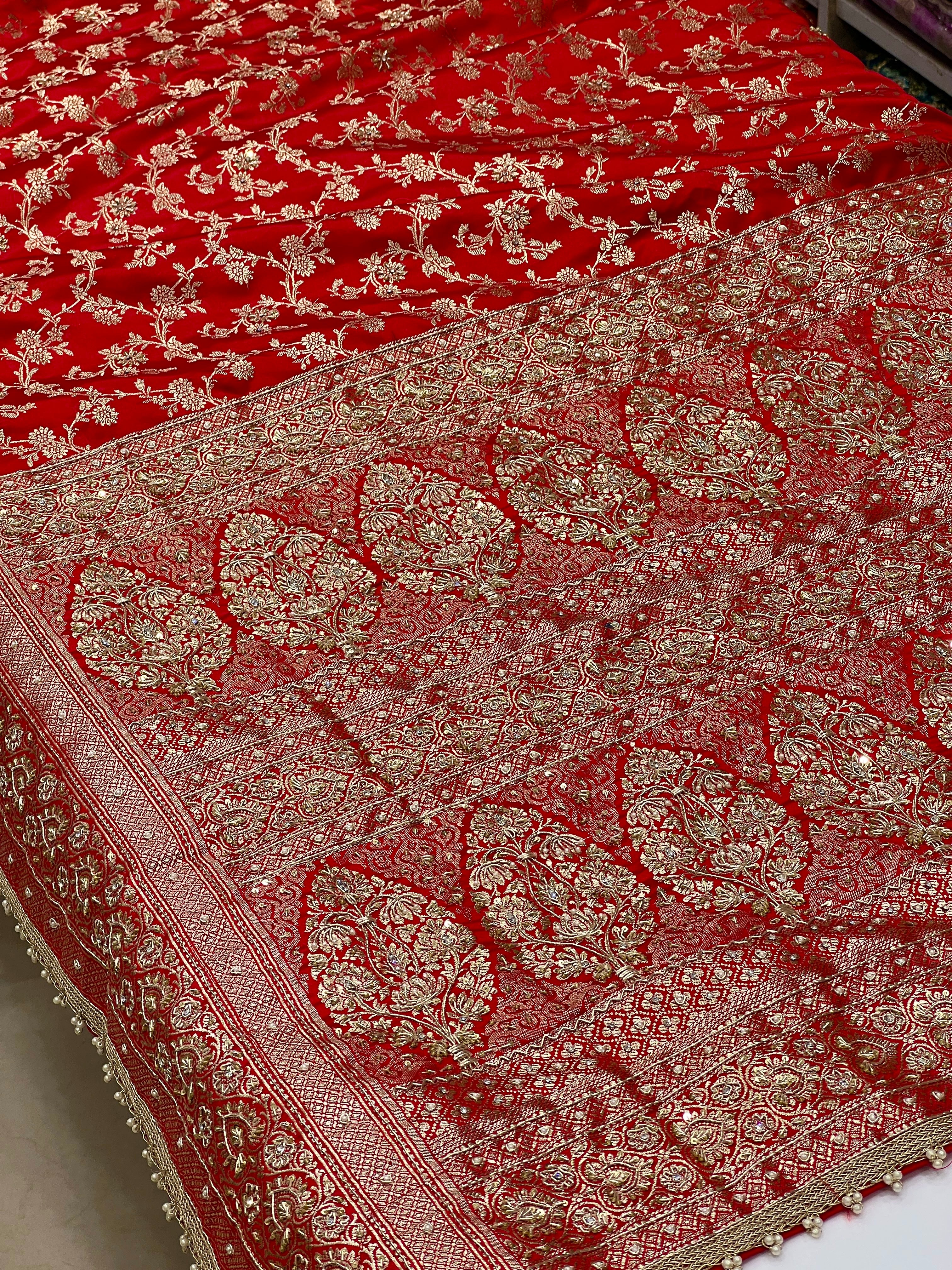 Red Banarasi Zardosi Hand Embroidery Saree