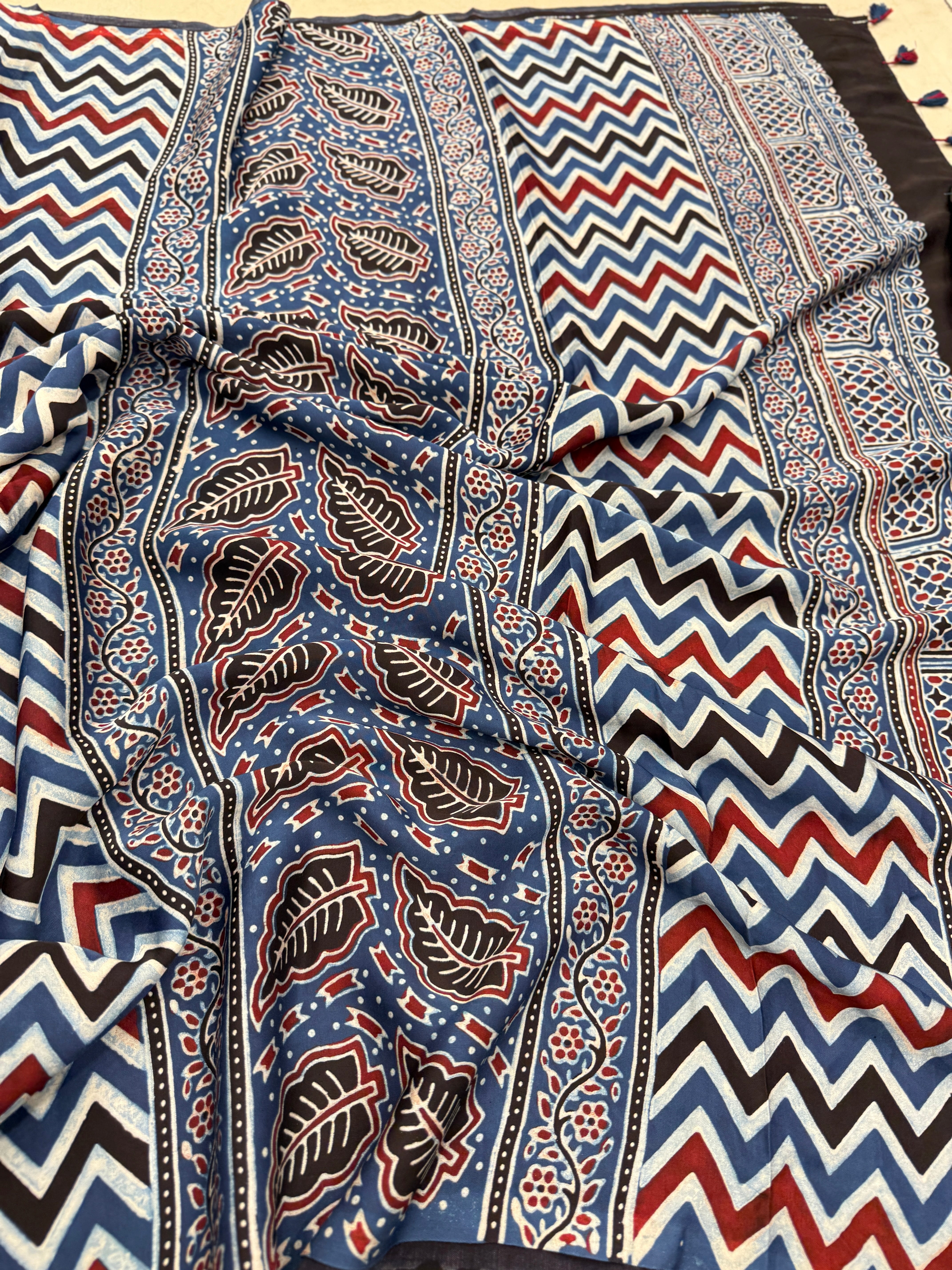 Blue Zig Zag Pallu Contemporary Modal Gajji Silk Ajrakh Saree