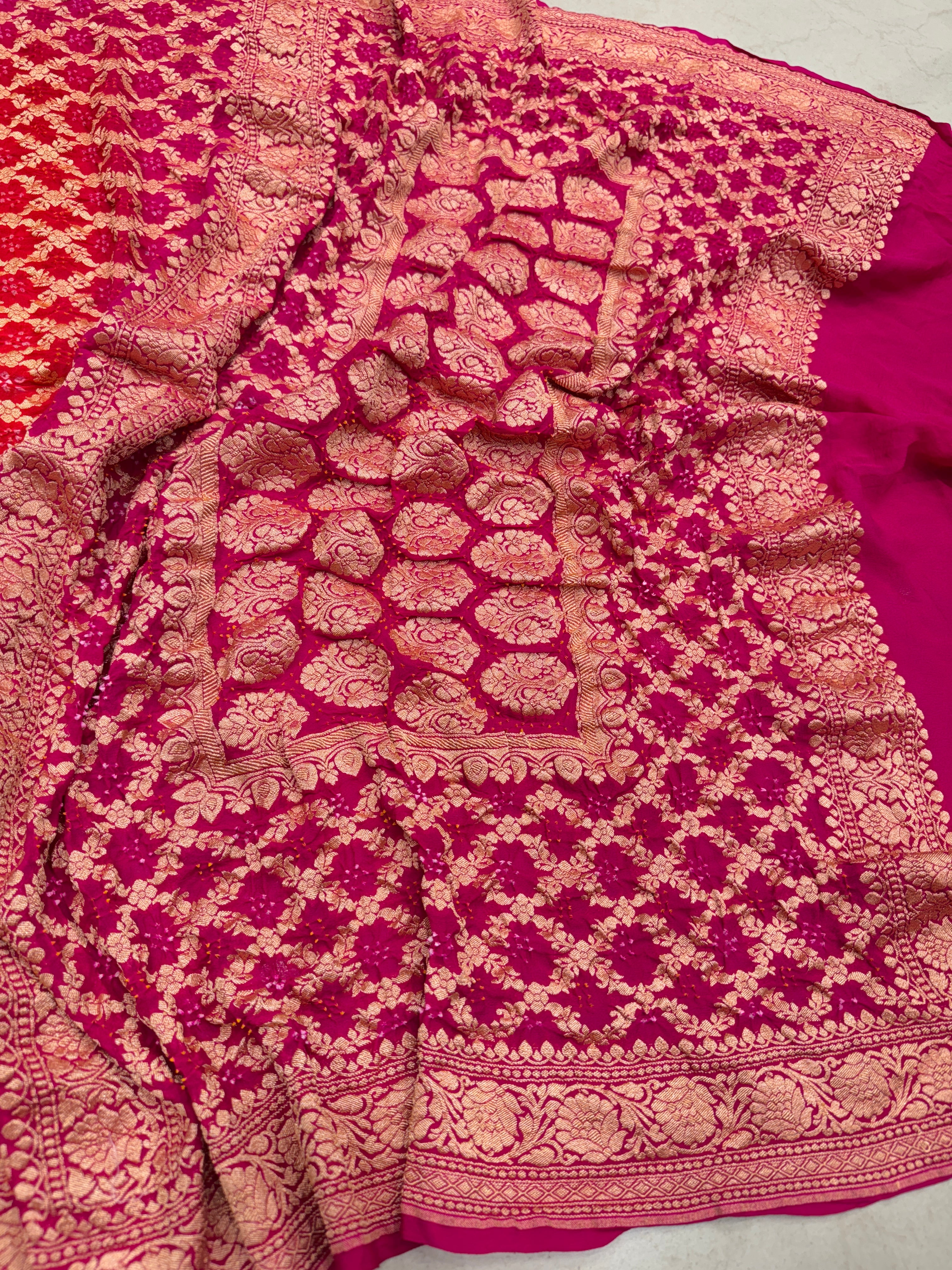 Shaded Orange Rani Block Pallu Bandhej Bandhini Saree