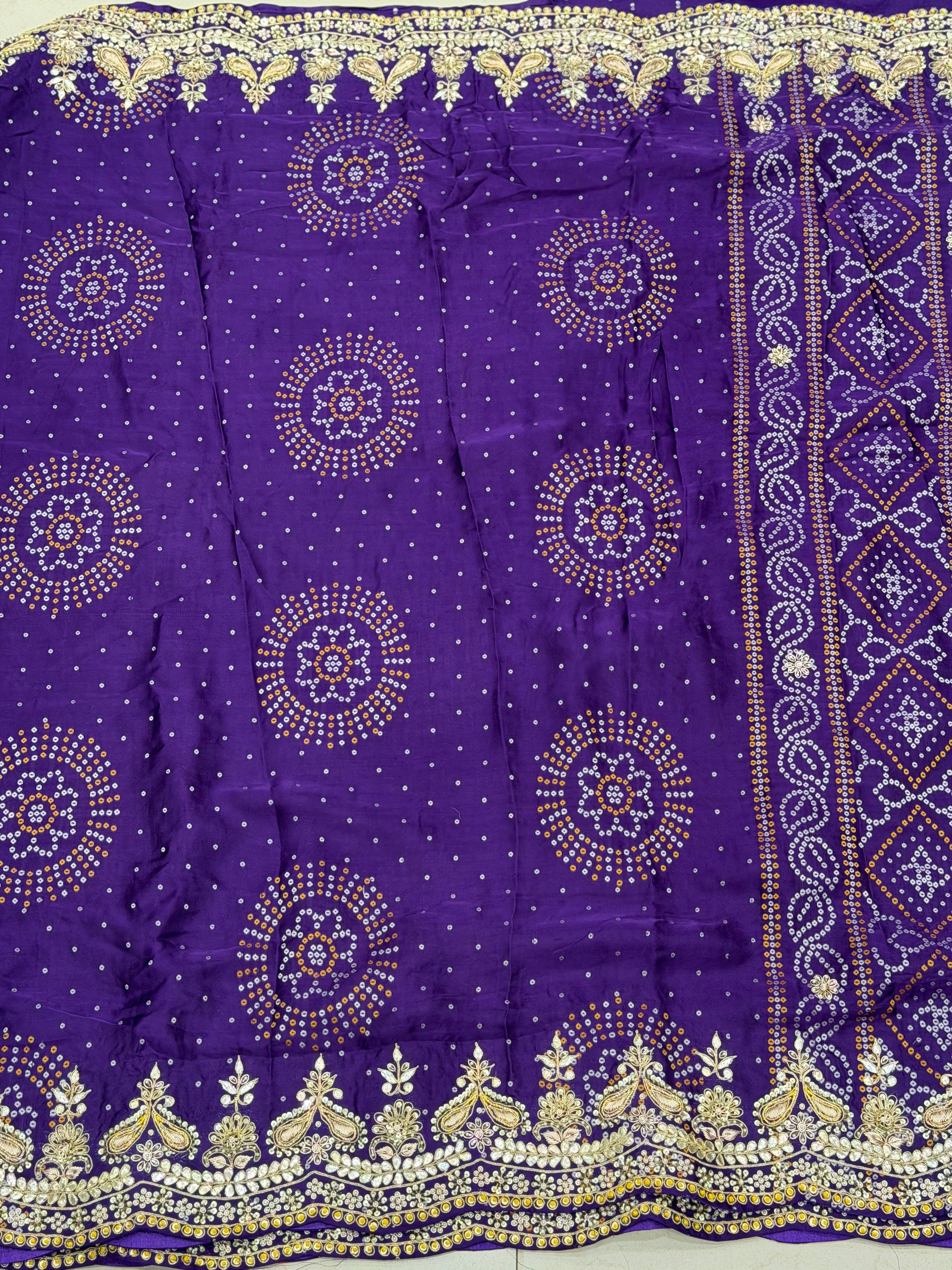 Violet Gajji Silk Woven Bandhej Zardosi Marodi Hand Embroidery Saree