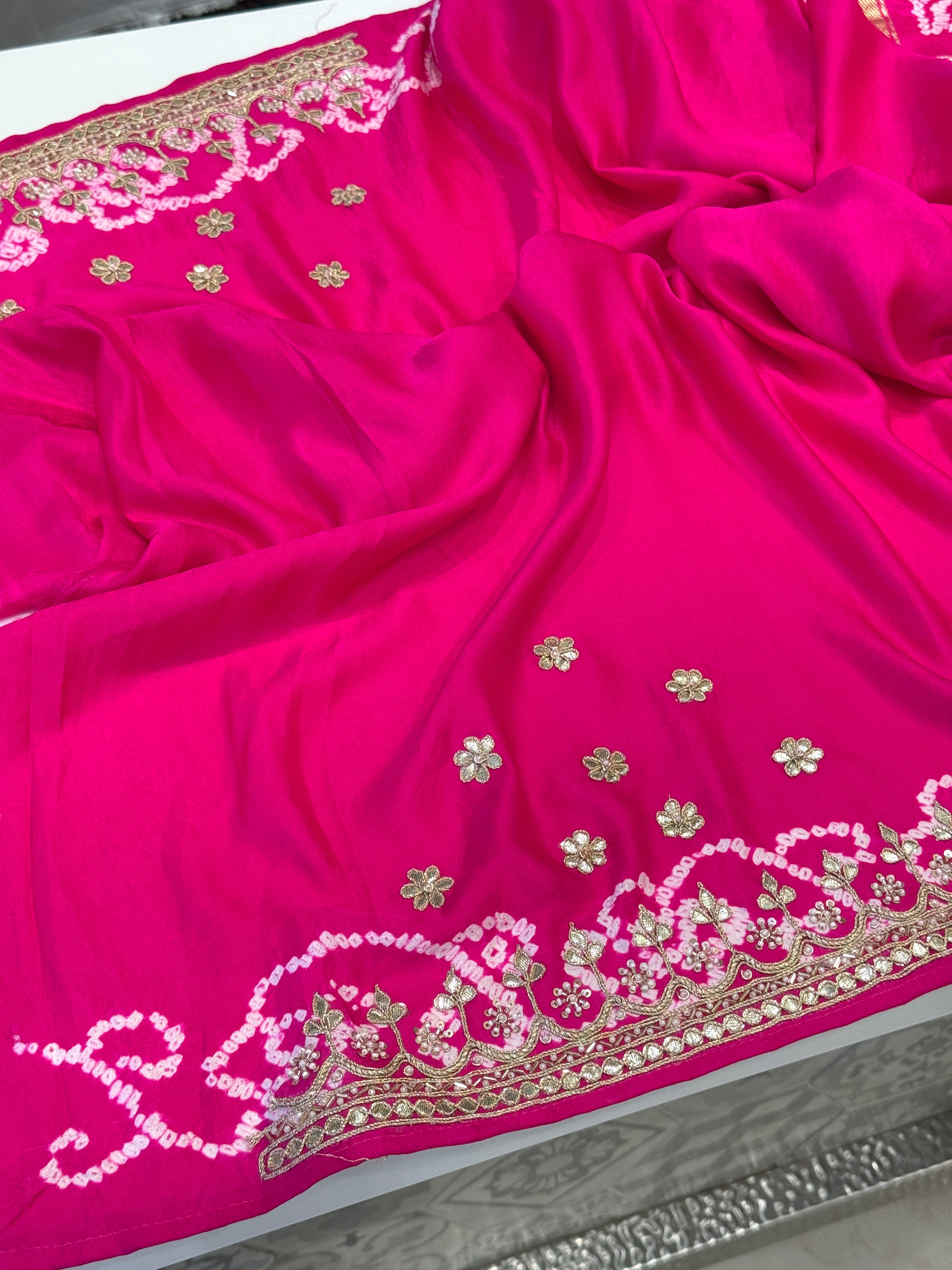 Rani Pink Bandhej Gharchola Gajji Silk Hand Done Gotapatti Saree