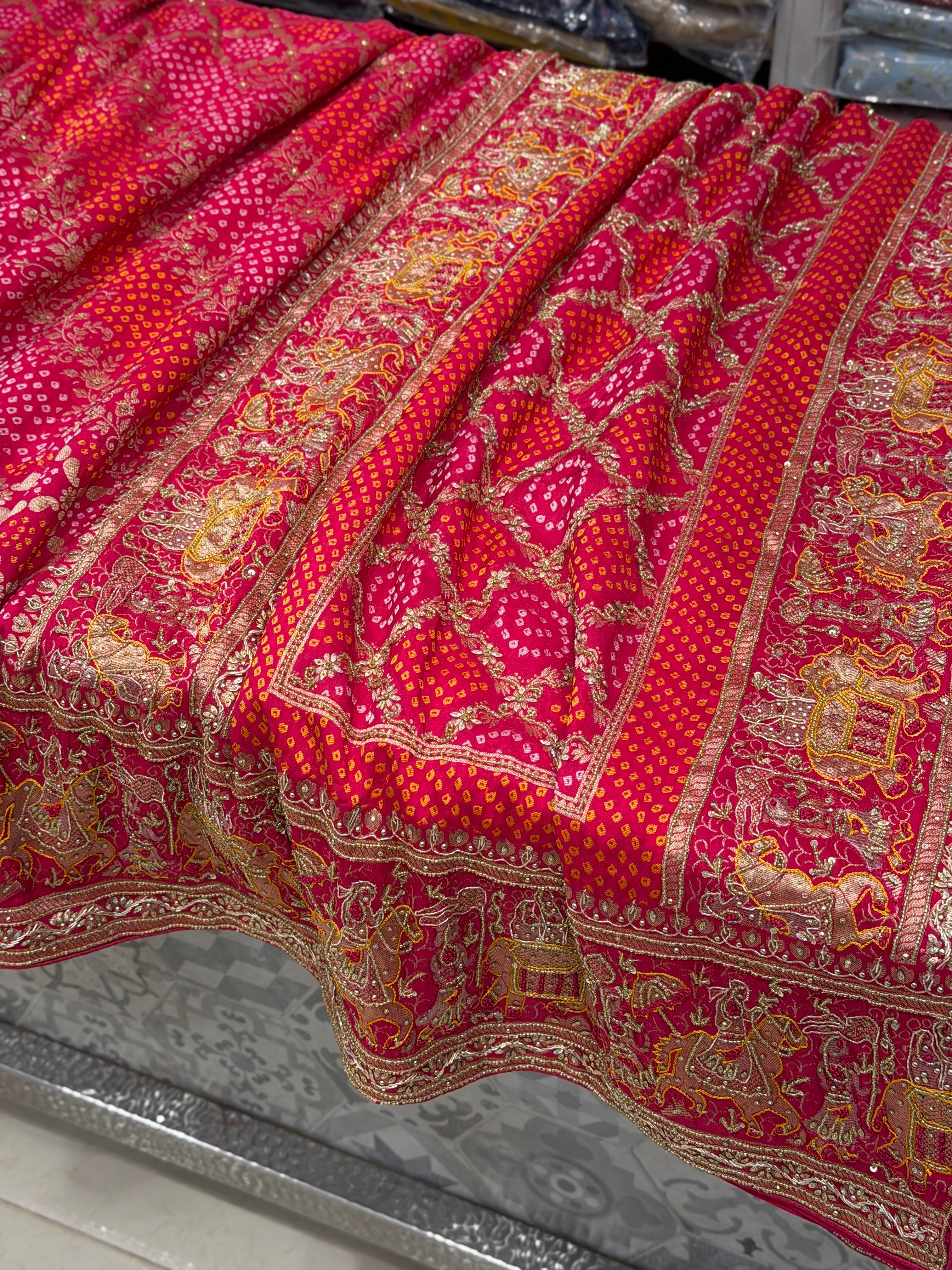 Rani Woven Bandhej Doli Edit Zardosi Hand Embroidery Banarasi Munga Saree