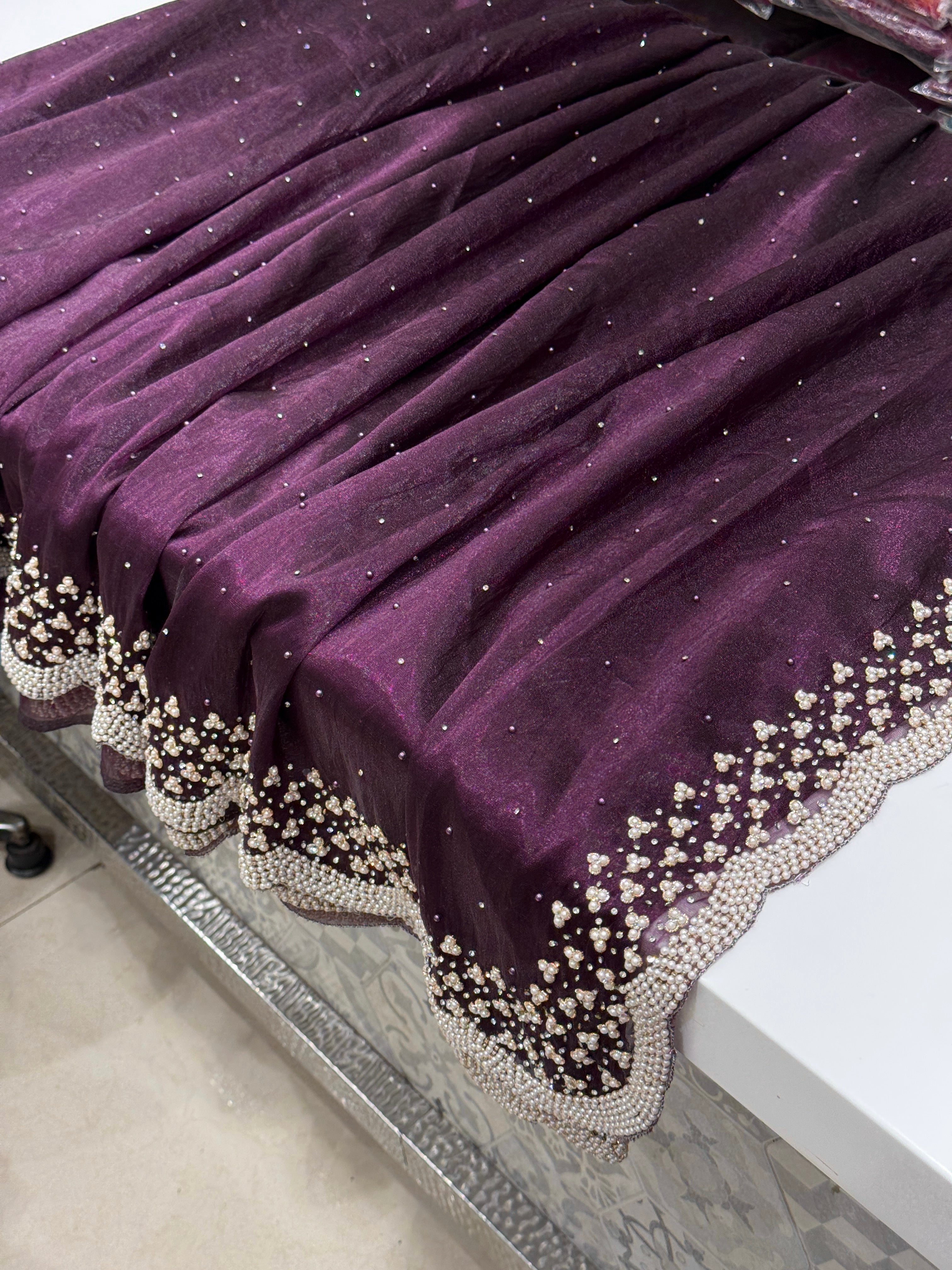 Violet Tissue Organza Moti Embroidery Saree