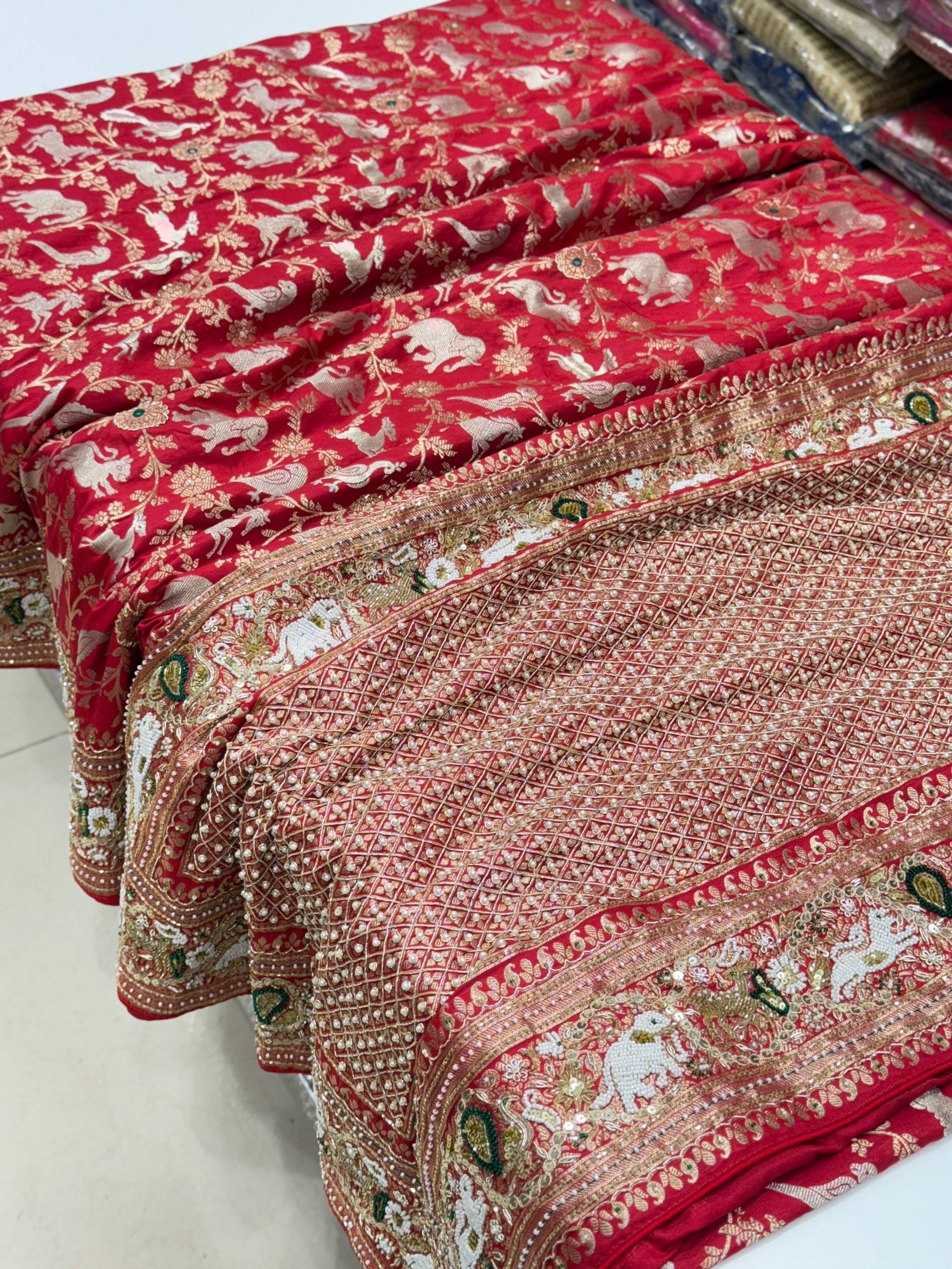Red Banarasi Shikara Moti Embroidery