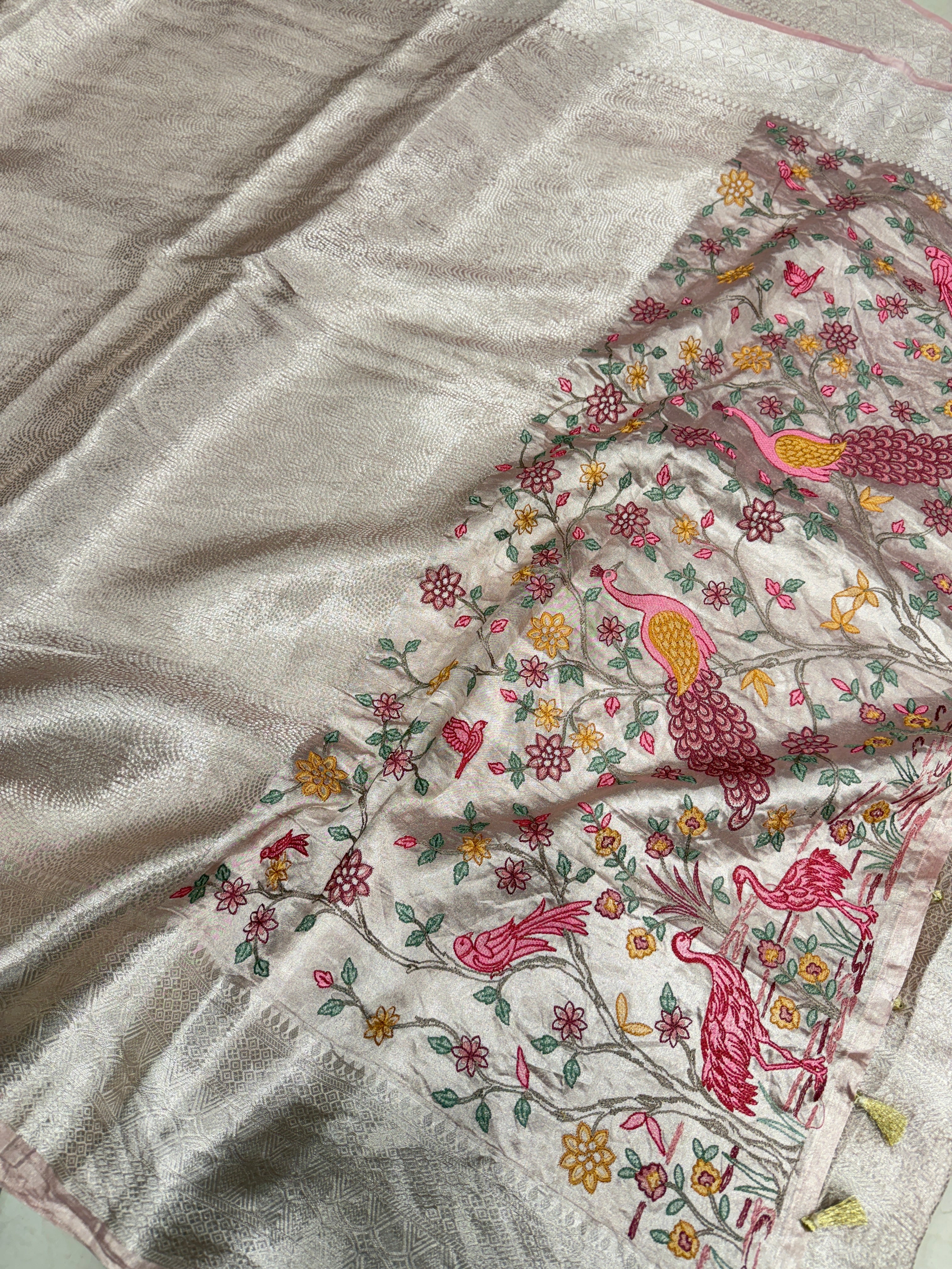 Crimson Silver Handloom Tissue Peacock Contemporary Resham Embroidery Saree