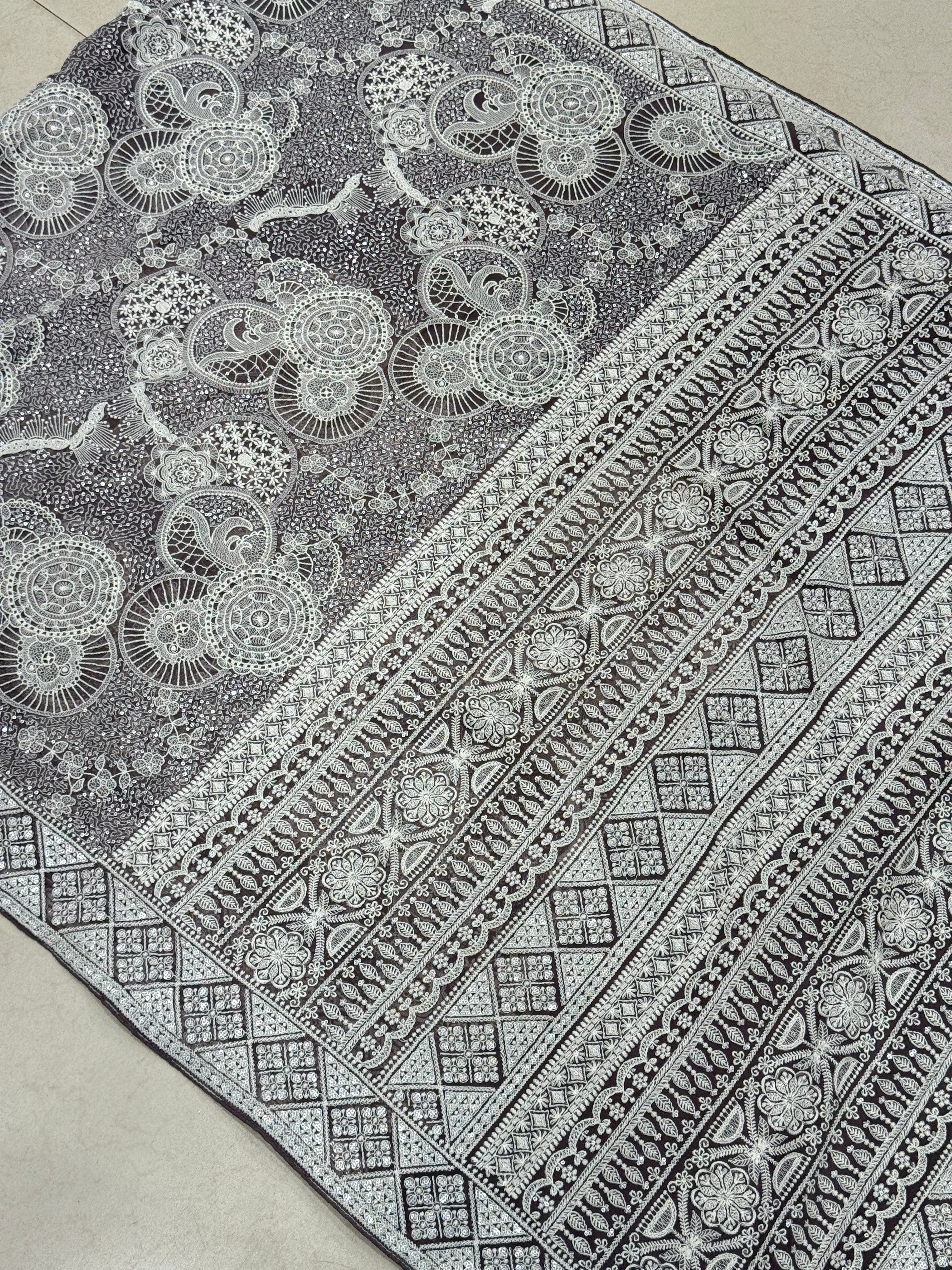 Brownish Grey Chikankari Georgette Jaal Saree