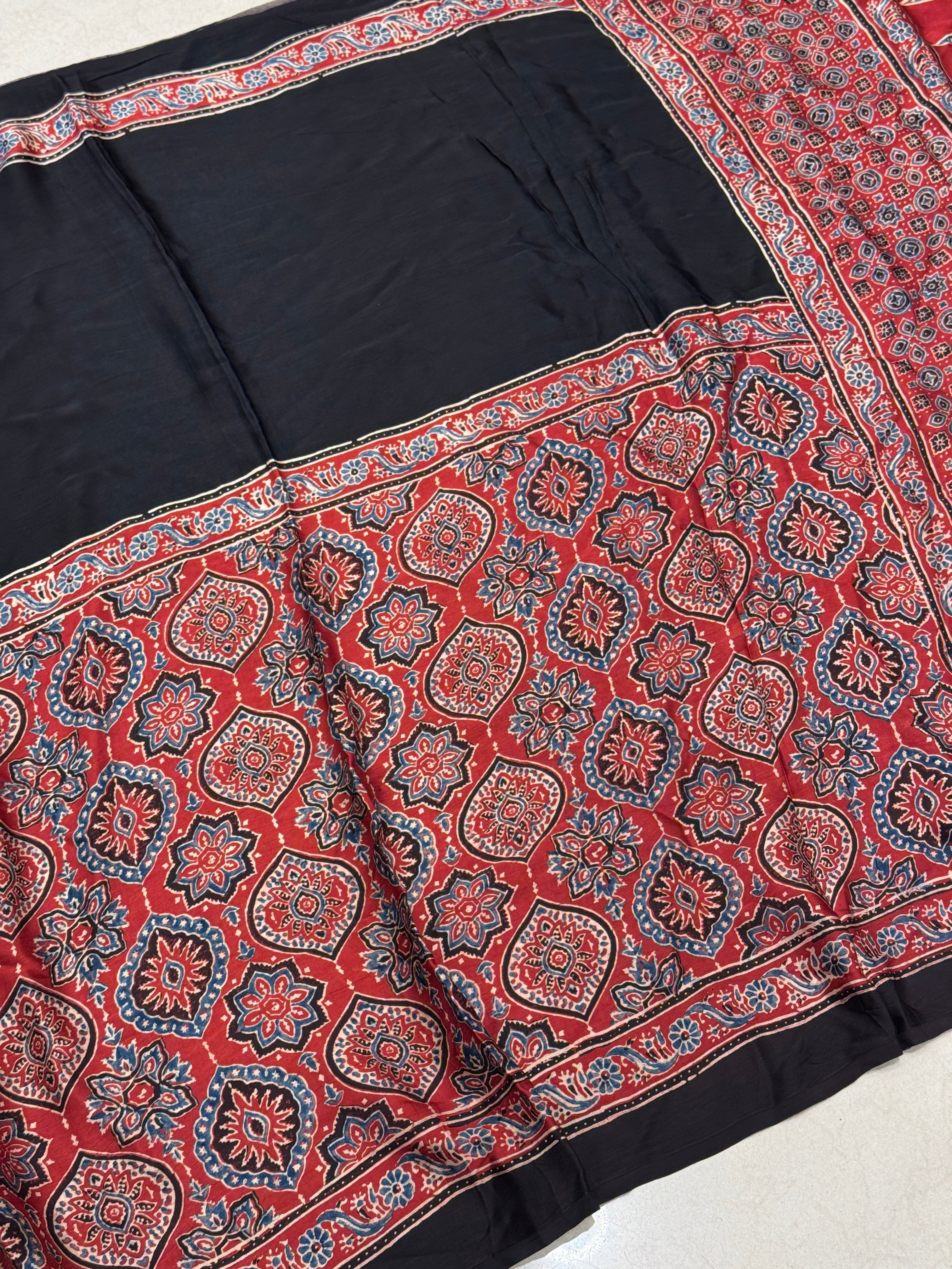 Red Half Contemporary Ajrakh Hand Block Print Pure Gajji Silk Saree