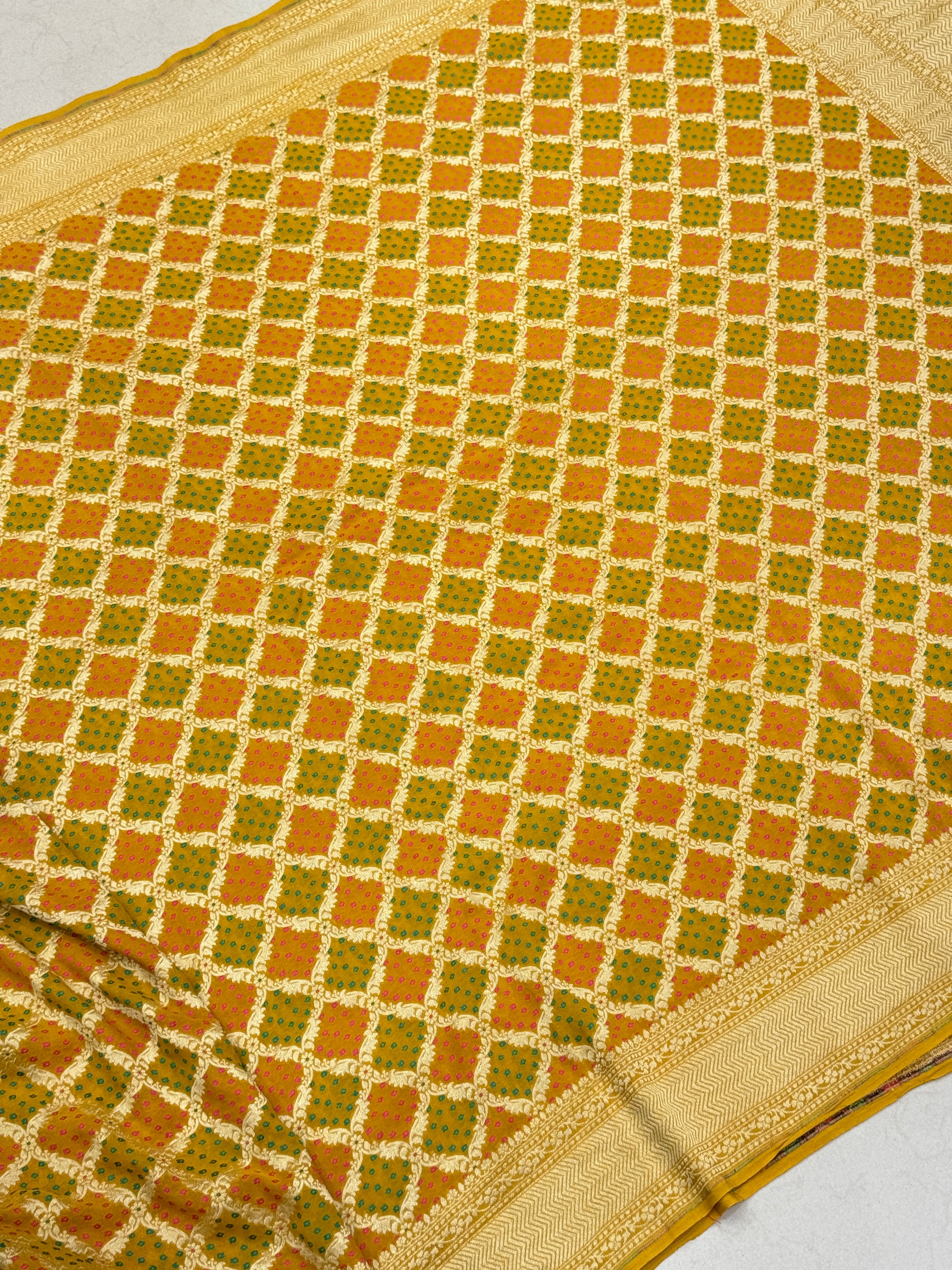 Mustard Yellow Woven Bandhej Banarasi Khaddi Georgette Saree