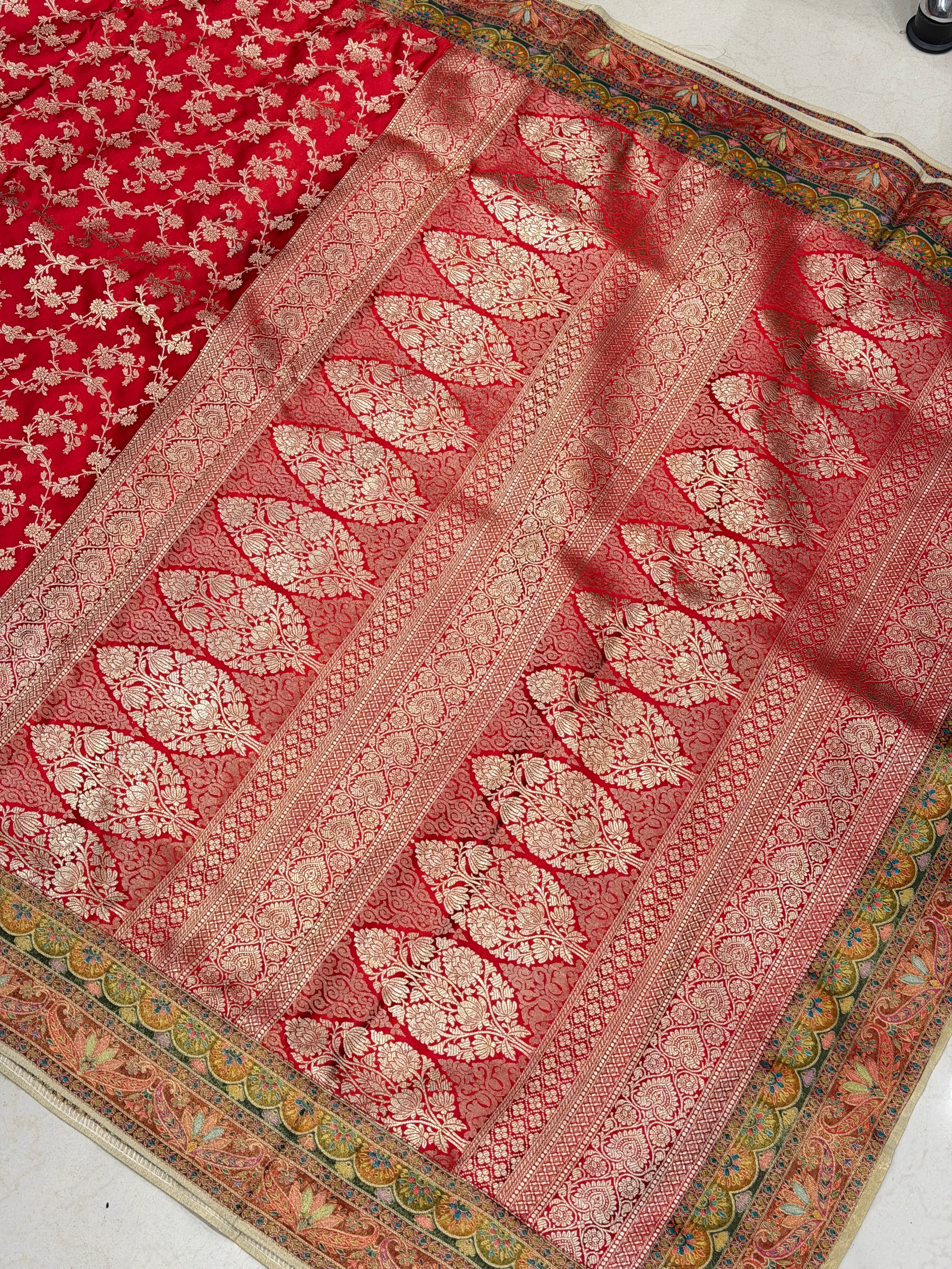 Red Fusion Banarasi Jaal Woven Silk Saree