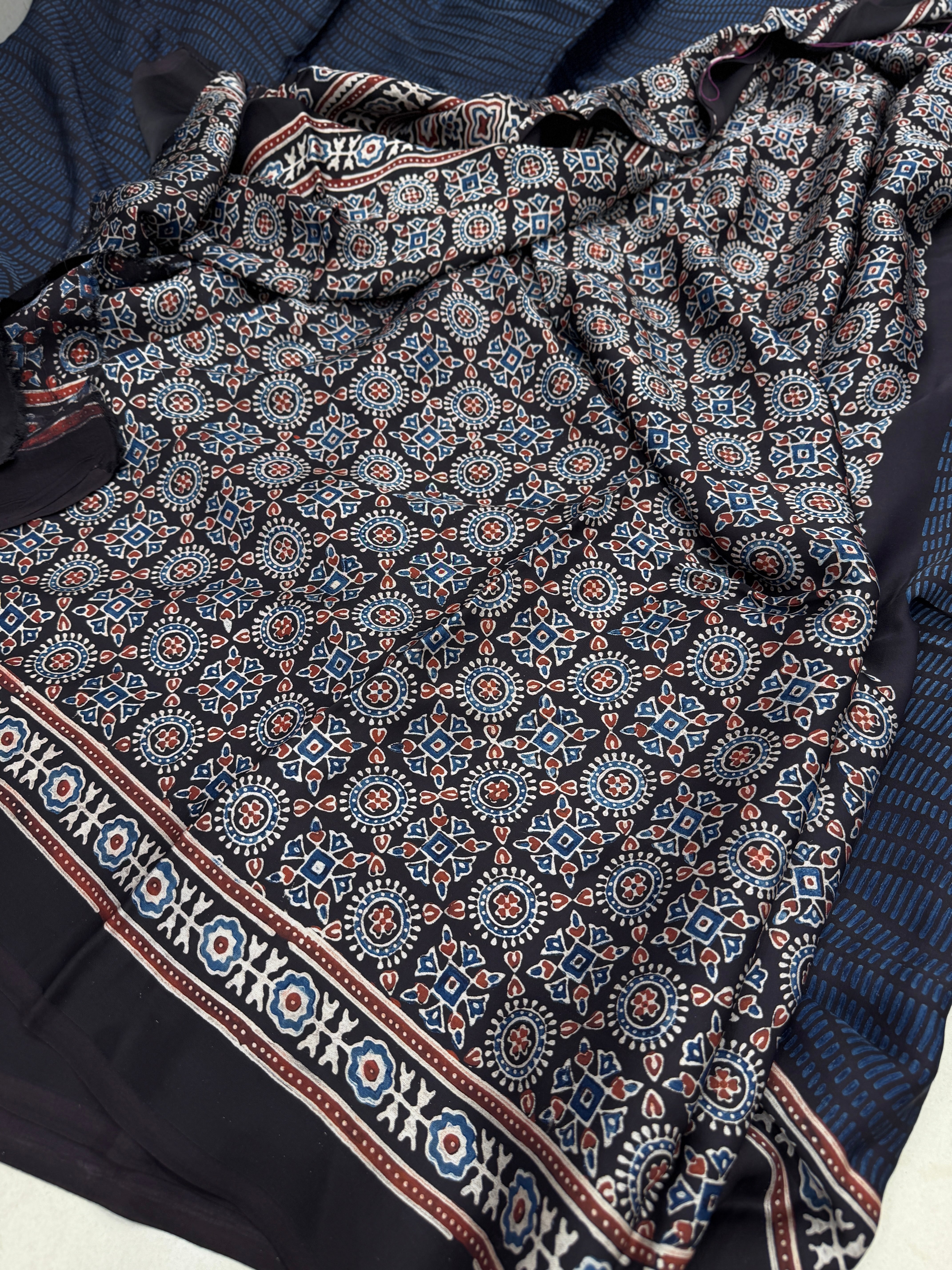 Blue Squiggly Lines Ajrakh Hand Block Print Pure Modal Silk Saree