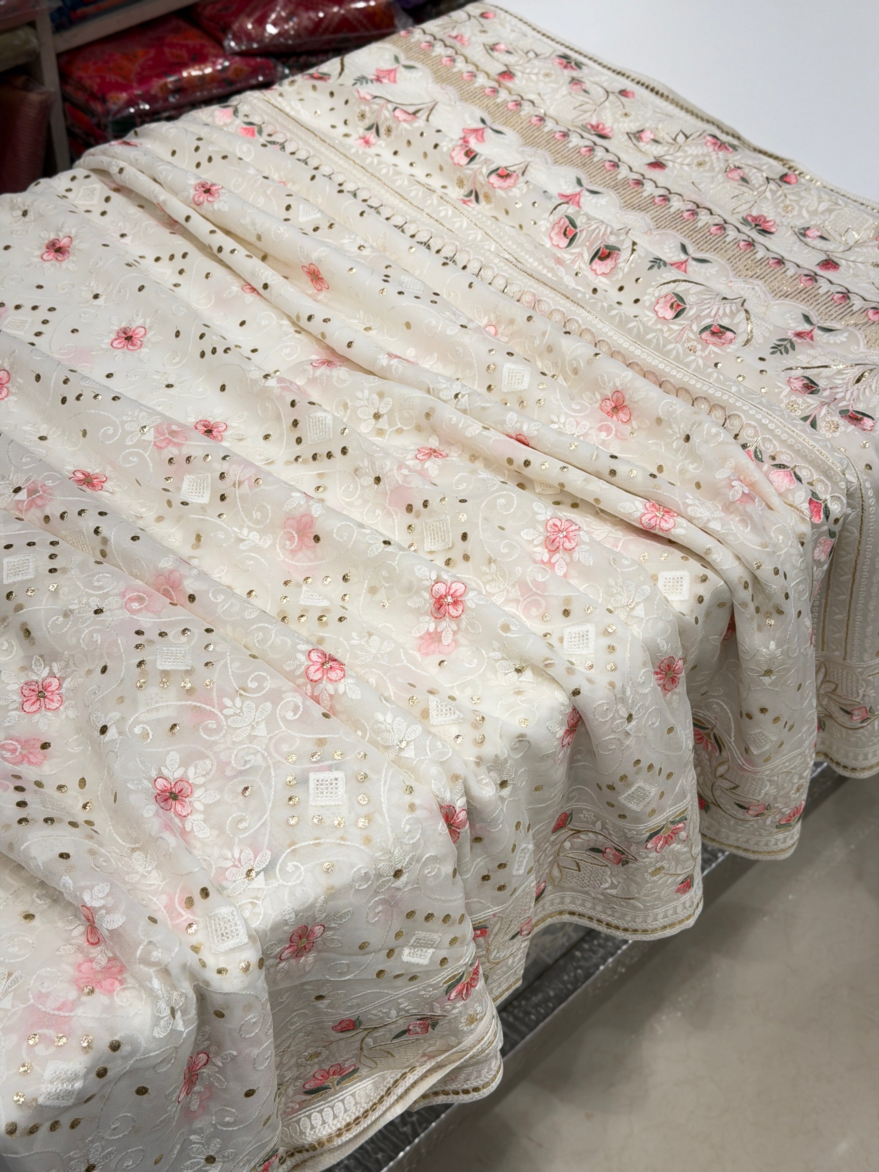 White Chikankari Meena Resham Mukaish Pita Georgette Saree