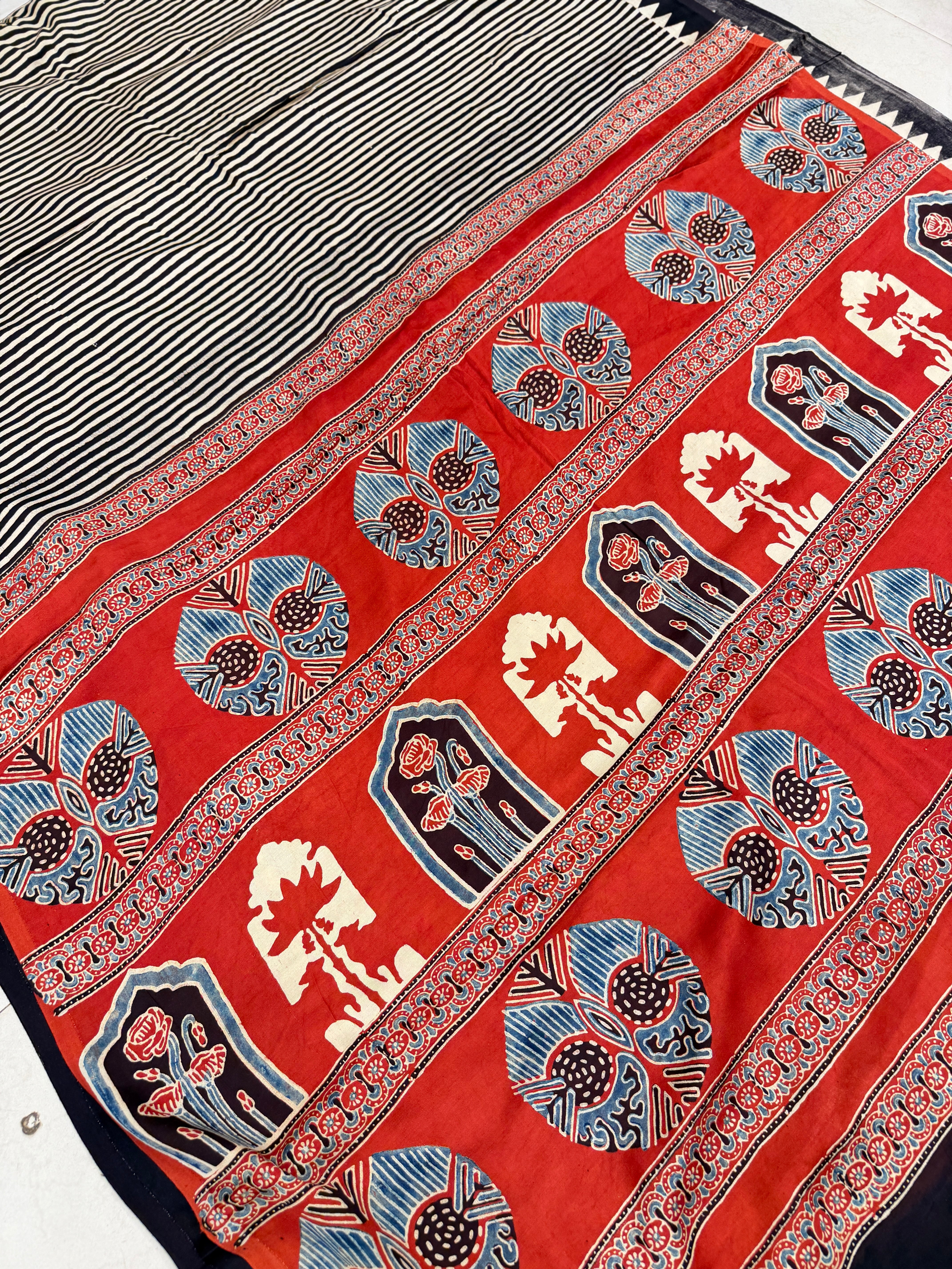 Black Red Contemporary Ajrakh Hand Block Print Pure Gajji Silk Saree