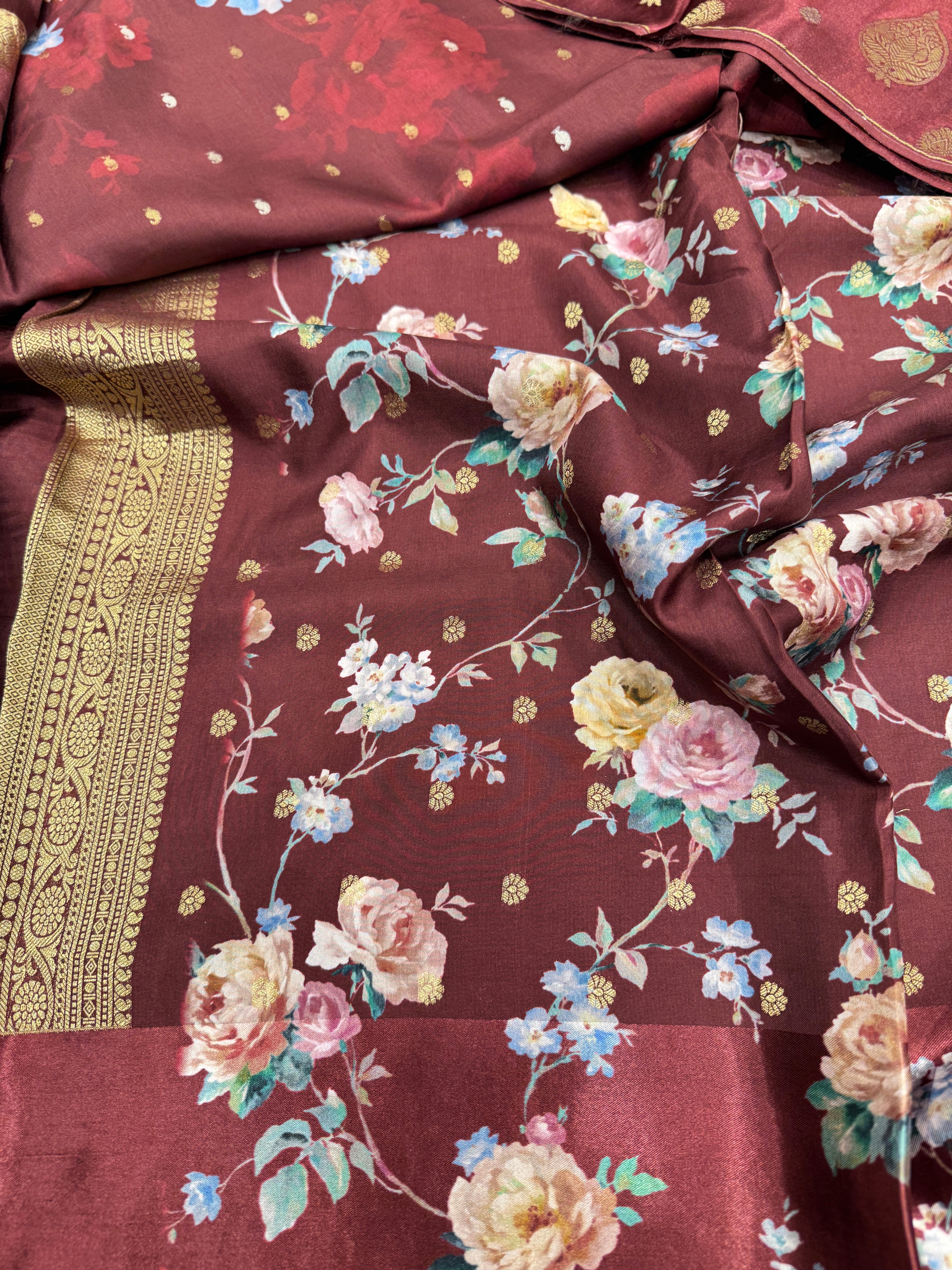 Wine Printed Silk Satin Border Saree