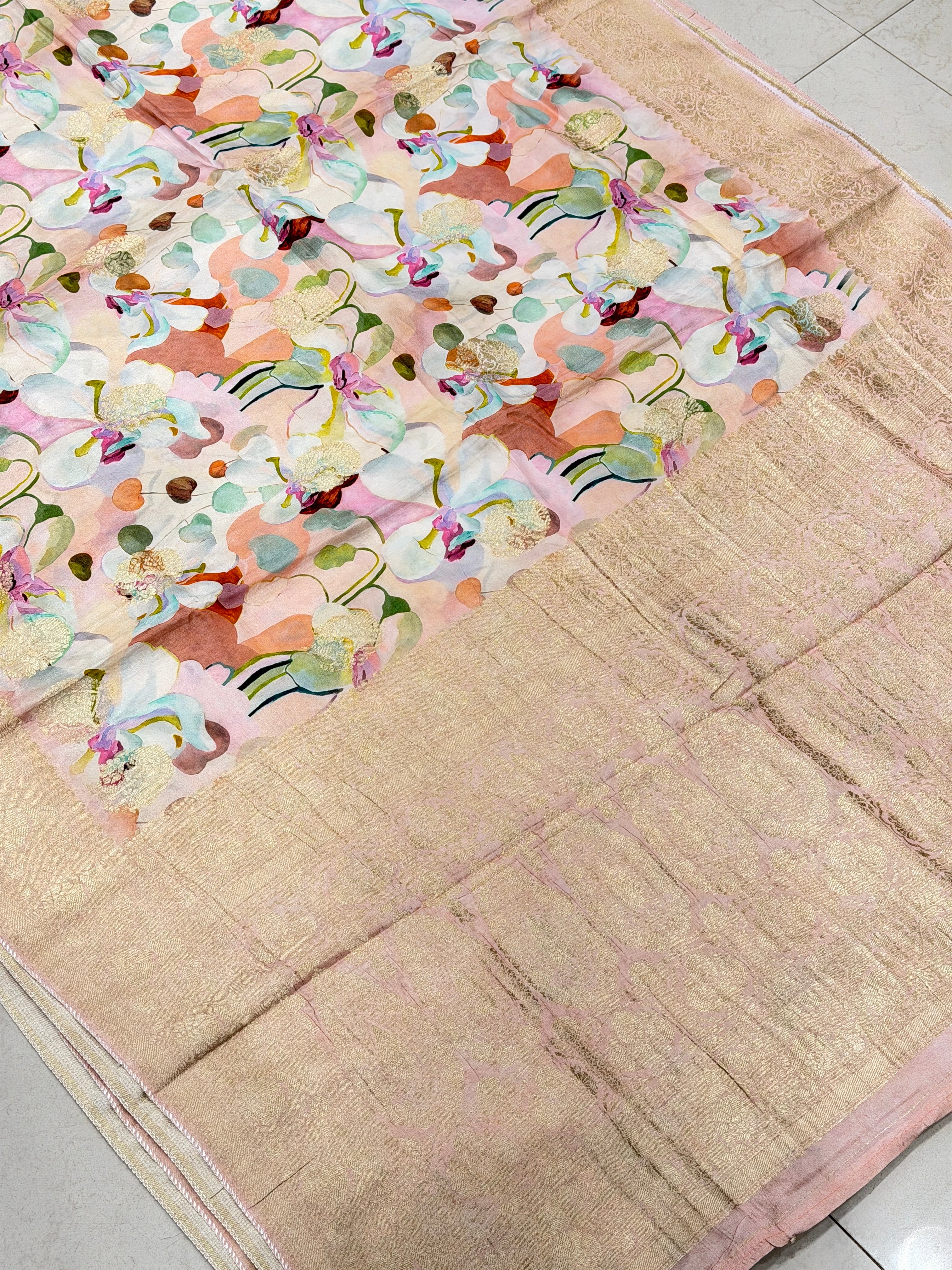 Pink Floral Multi Colour Print Munga Soft Silk Saree