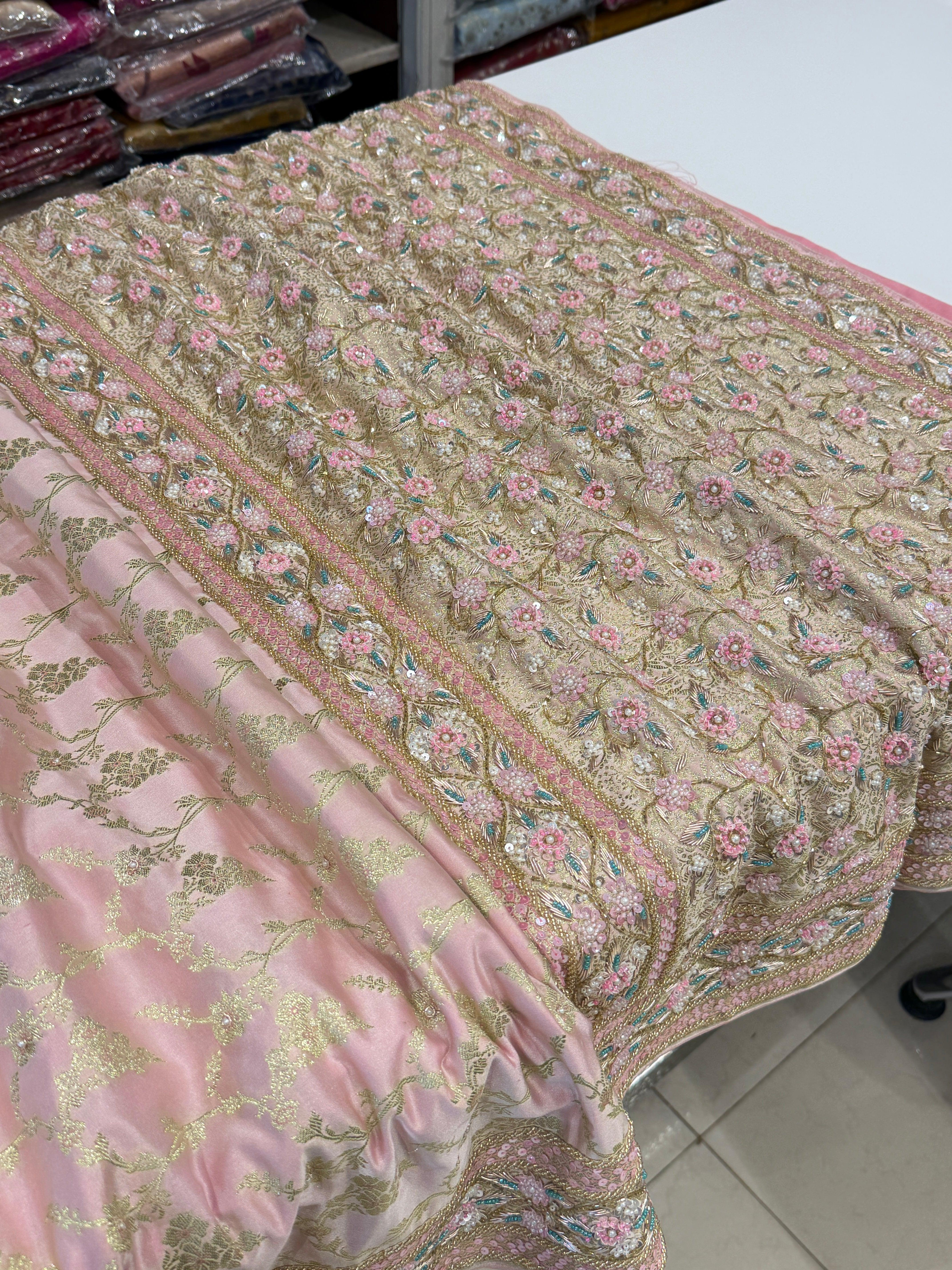 Light Pink Banarasi Floret Jaal Fancy Hand Embroidery Saree