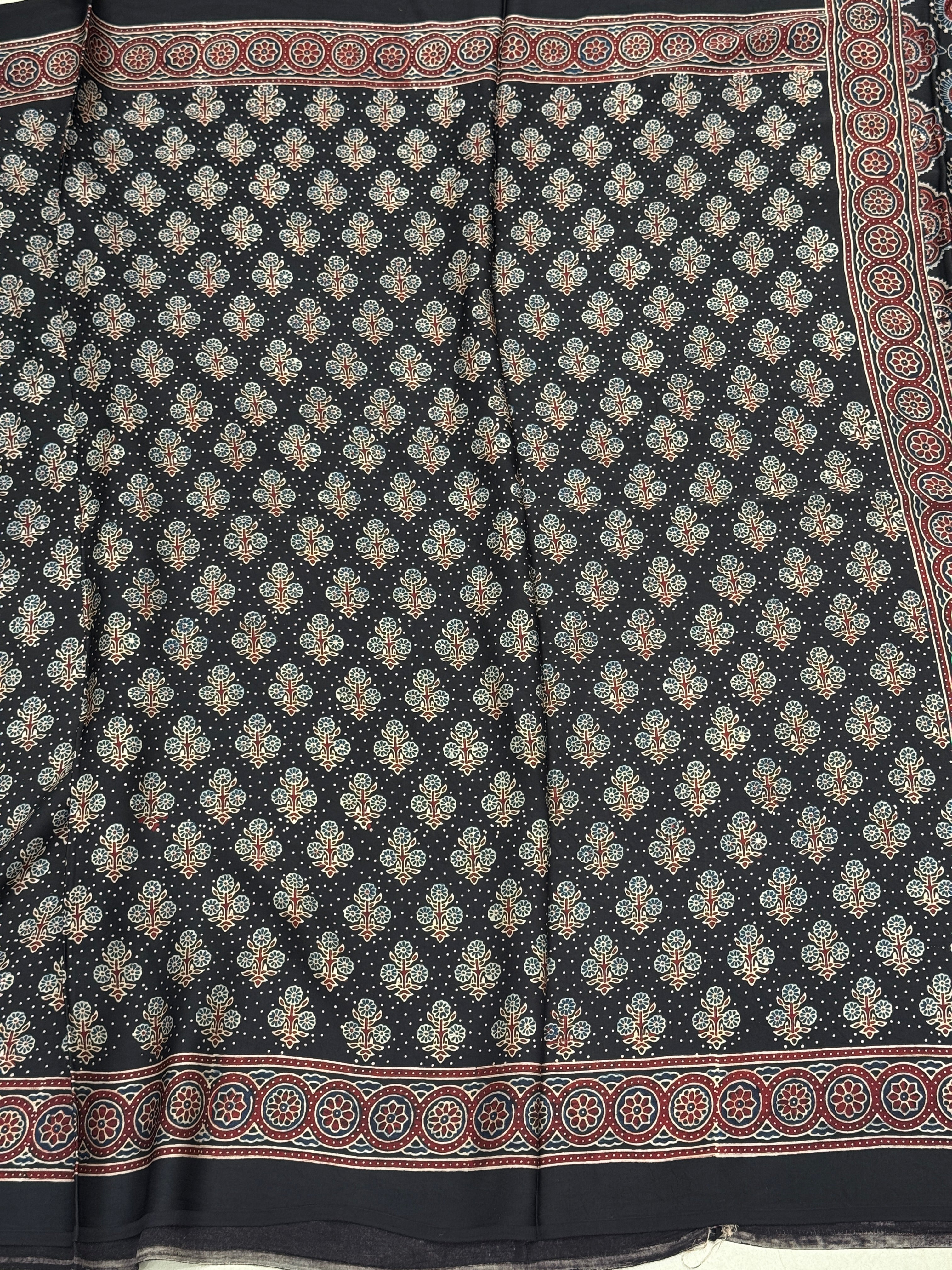 Black Floral Buttas Dot Style Hand Block Print Ajrkah Pure Gajji Silk Saree