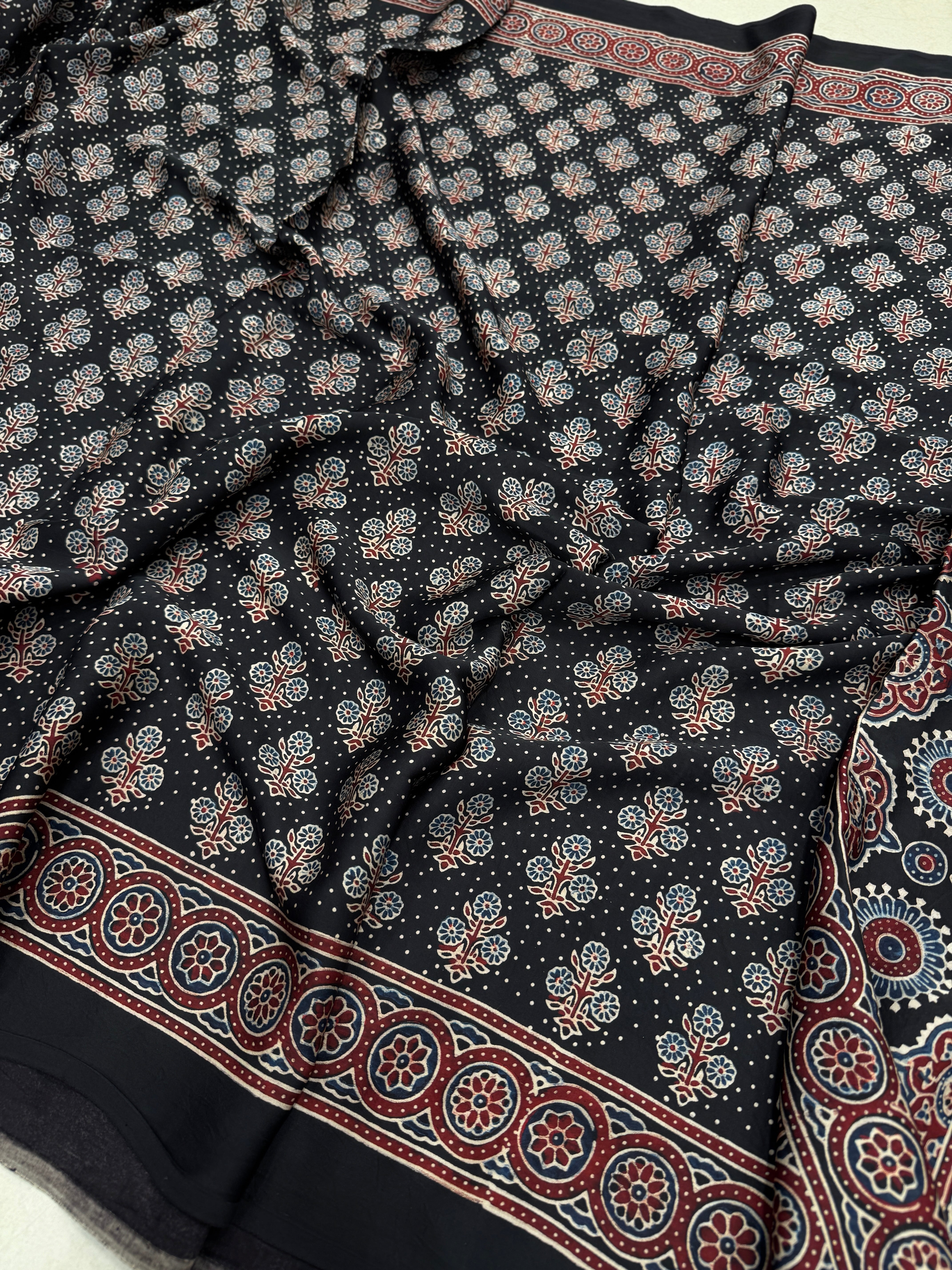 Black Floral Buttas Dot Style Hand Block Print Ajrkah Pure Gajji Silk Saree
