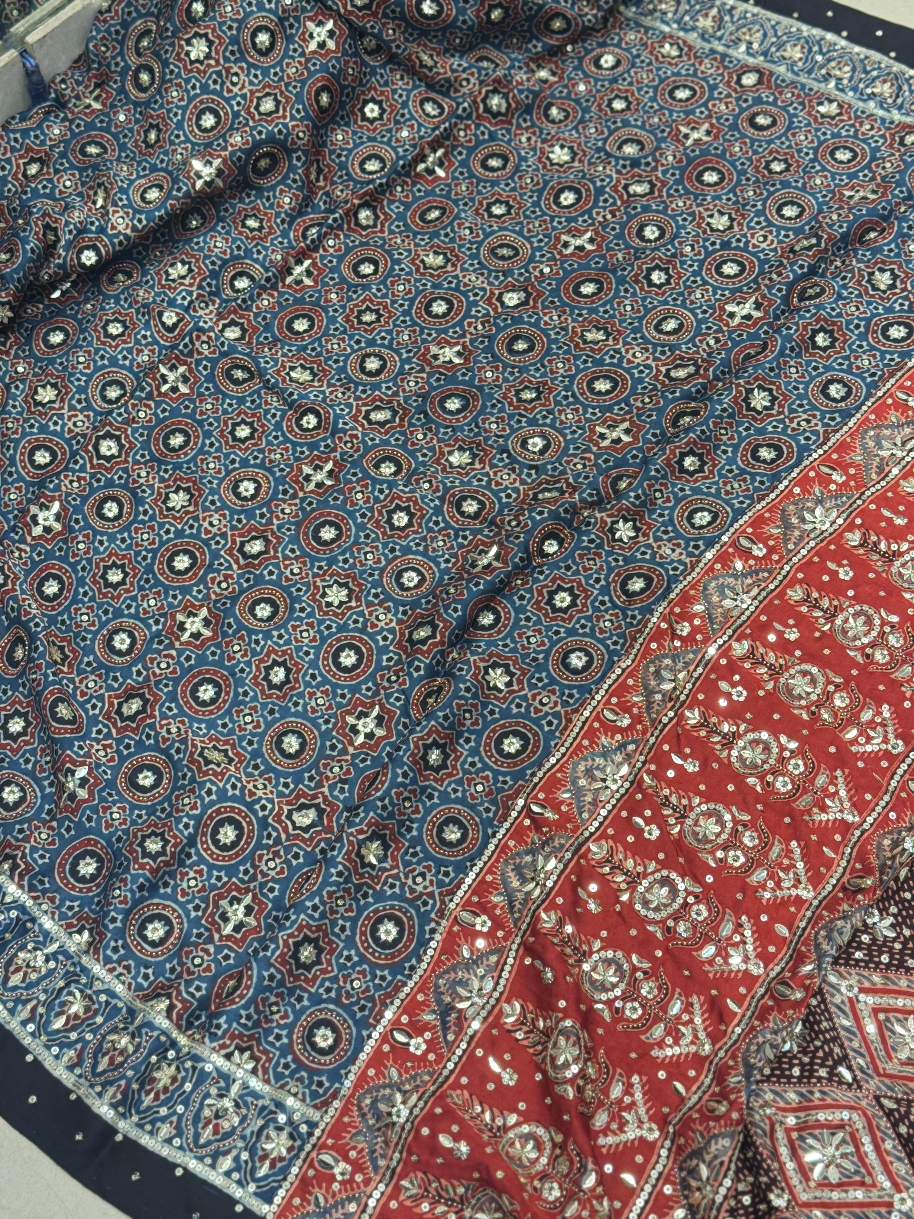 Blue Red Four Square Moti Sequin Ajrakh Hand Embroidery Saree
