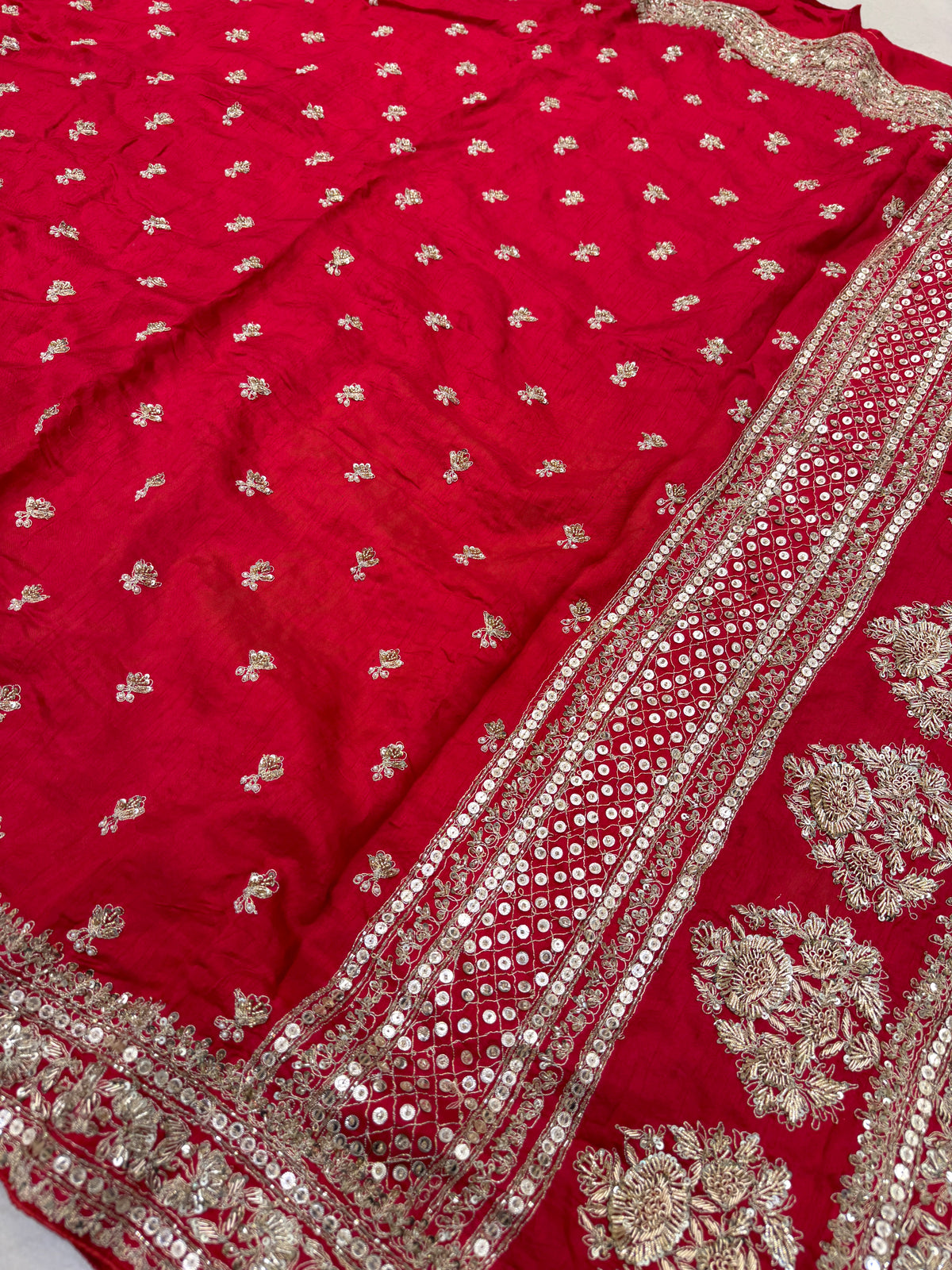 Red Sabyasachi Inspired Matka Silk Marodi Zardosi Buttis Saree