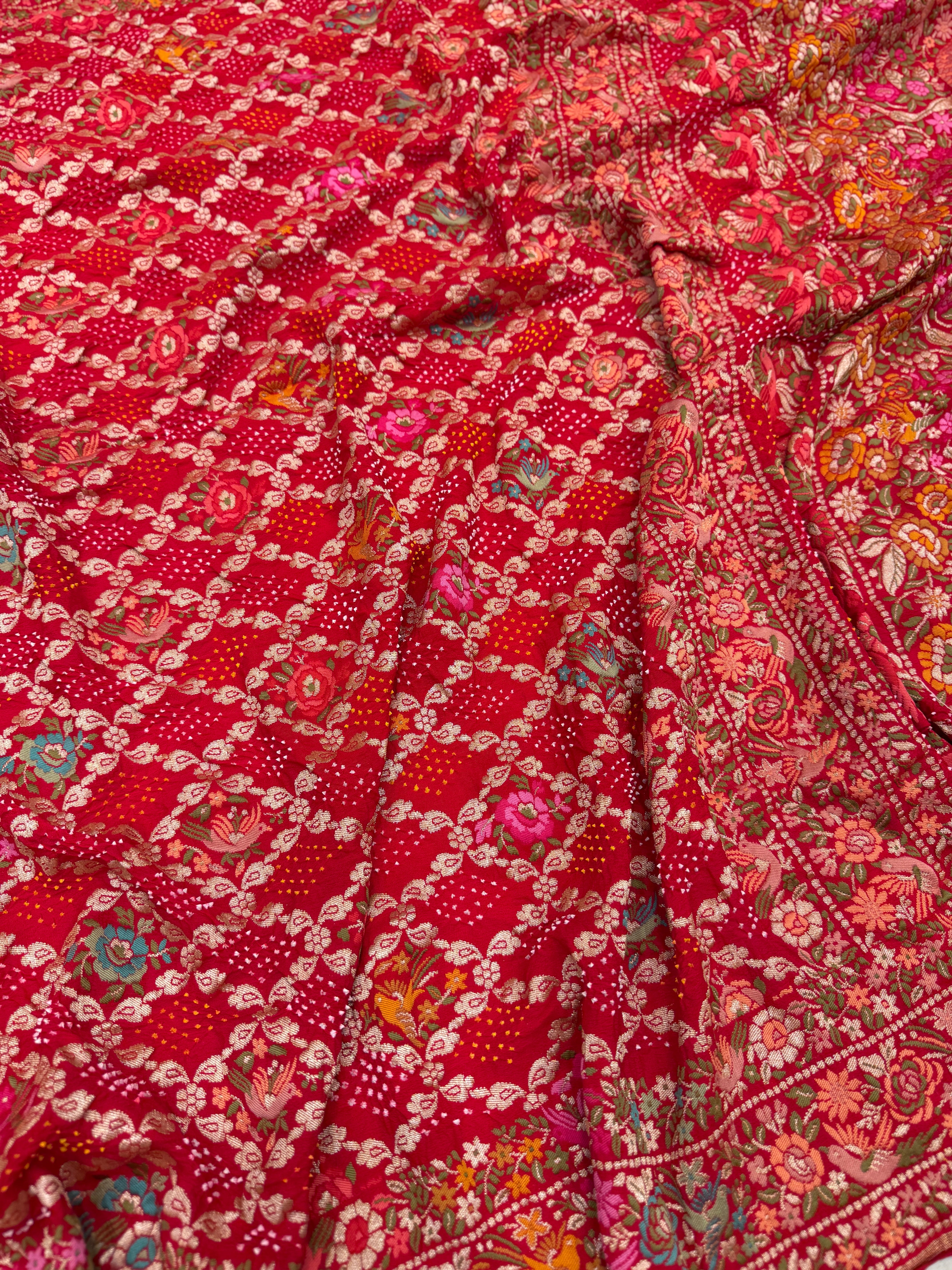 Red Parsi Gara Weaved Rani Bandhej Saree