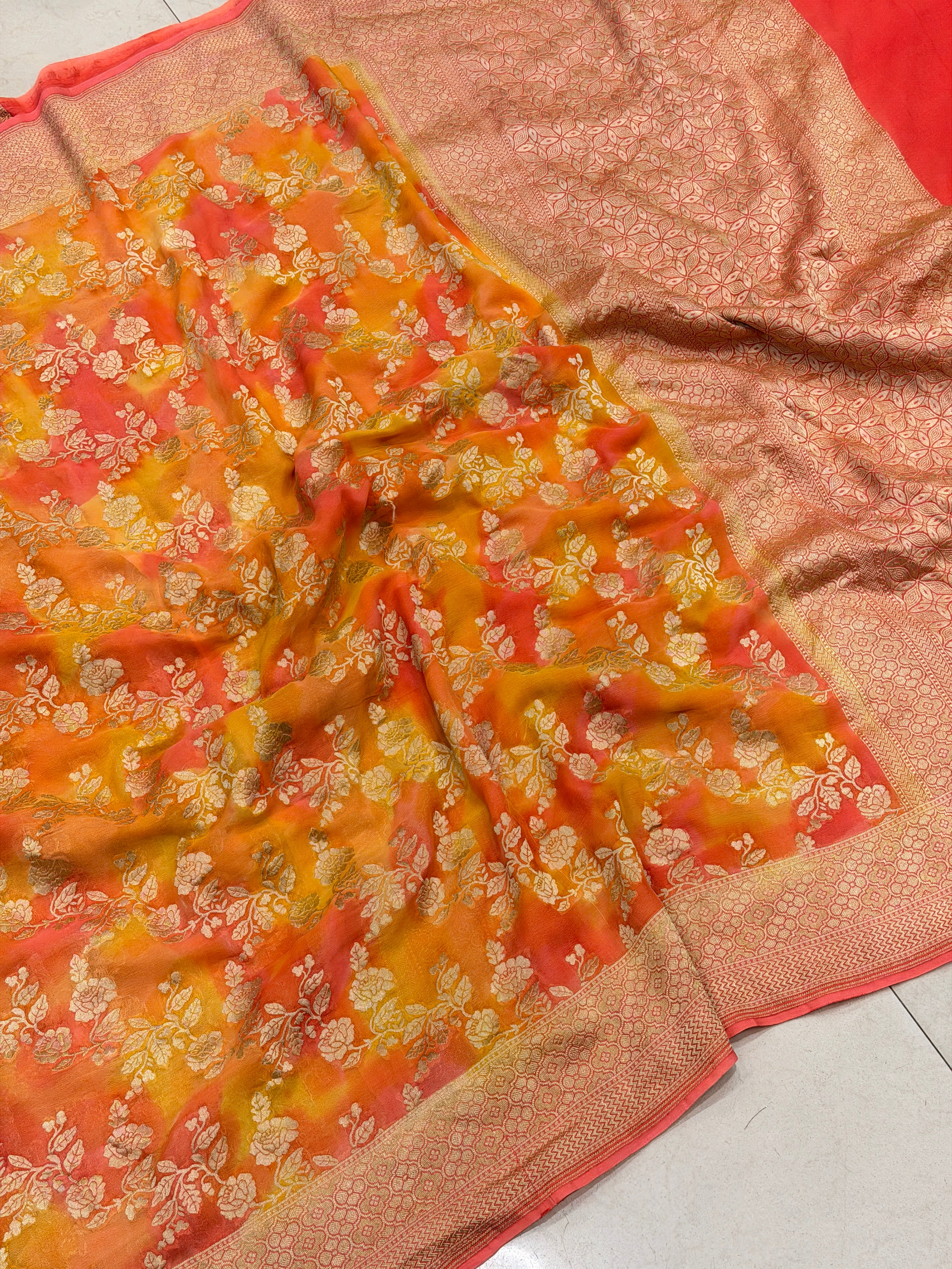 Orange Shaded Rose Jaal Handloom Banarasi Khaddi Georgette Saree