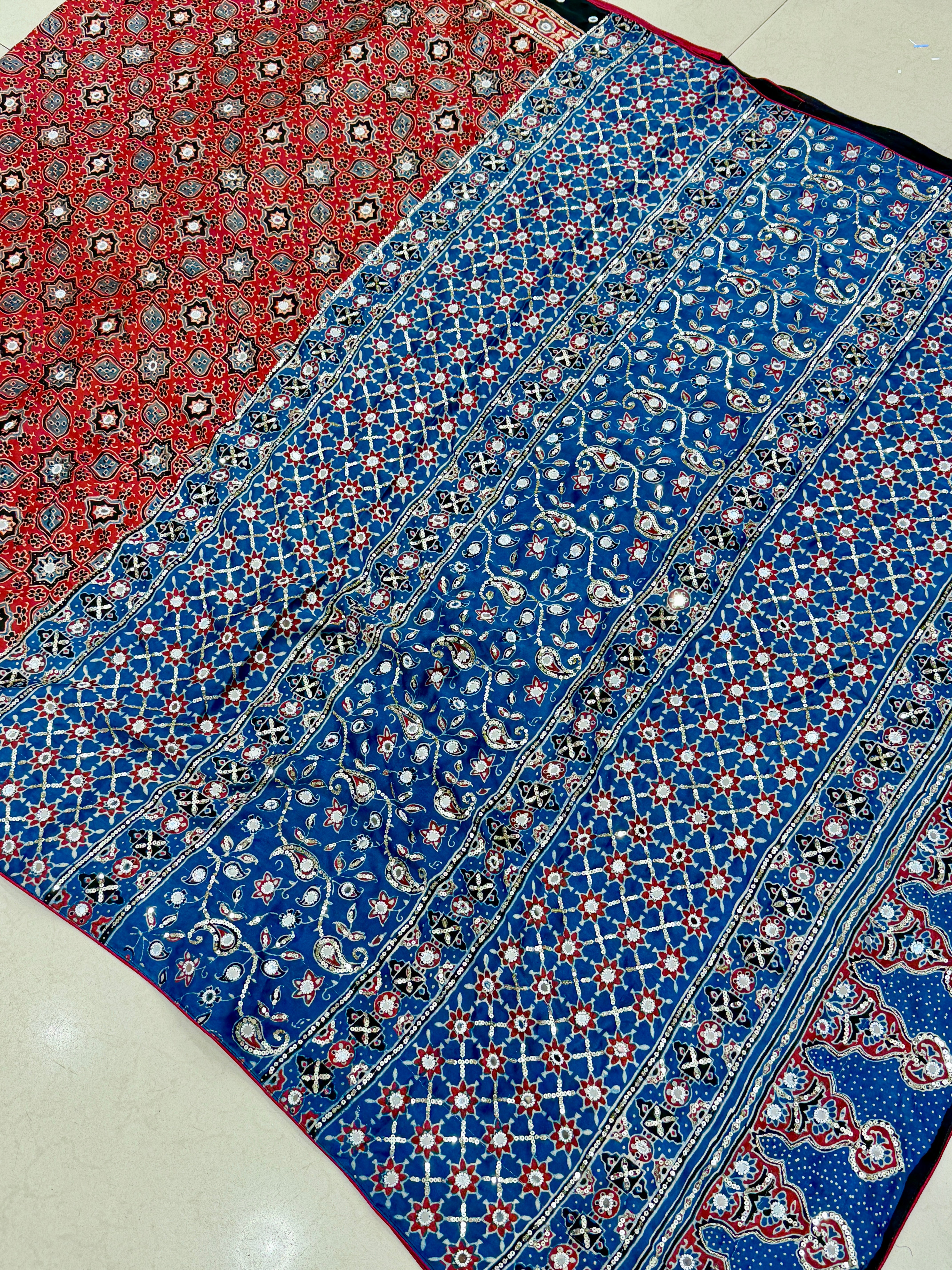 Red Blue Jaal Ajrakh Real Mirror Moti Sequin Hand Embroidery Saree
