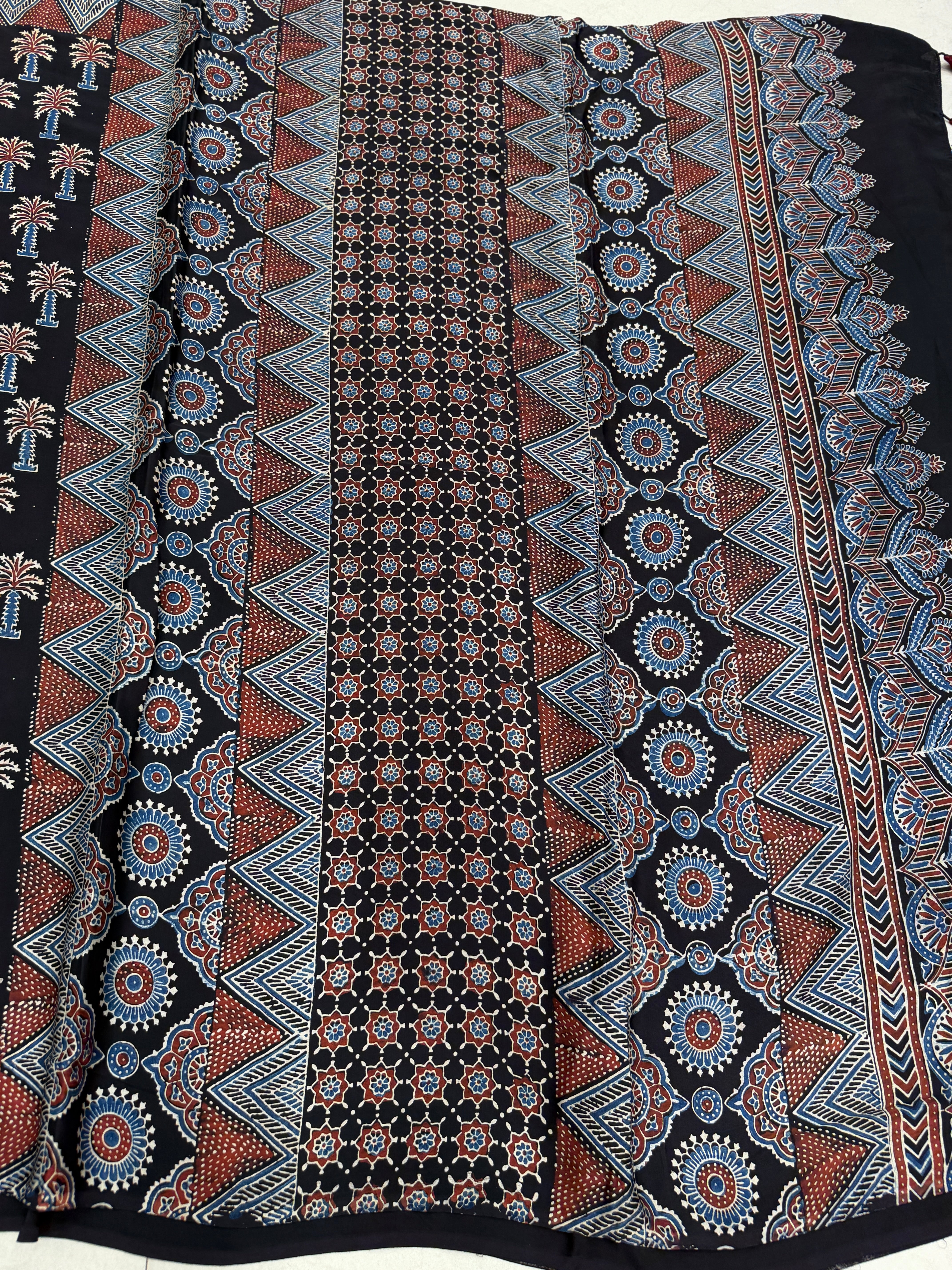 Black Palm Tree Butta Ajrakh Hand Block Print Pure Gajji Silk Saree
