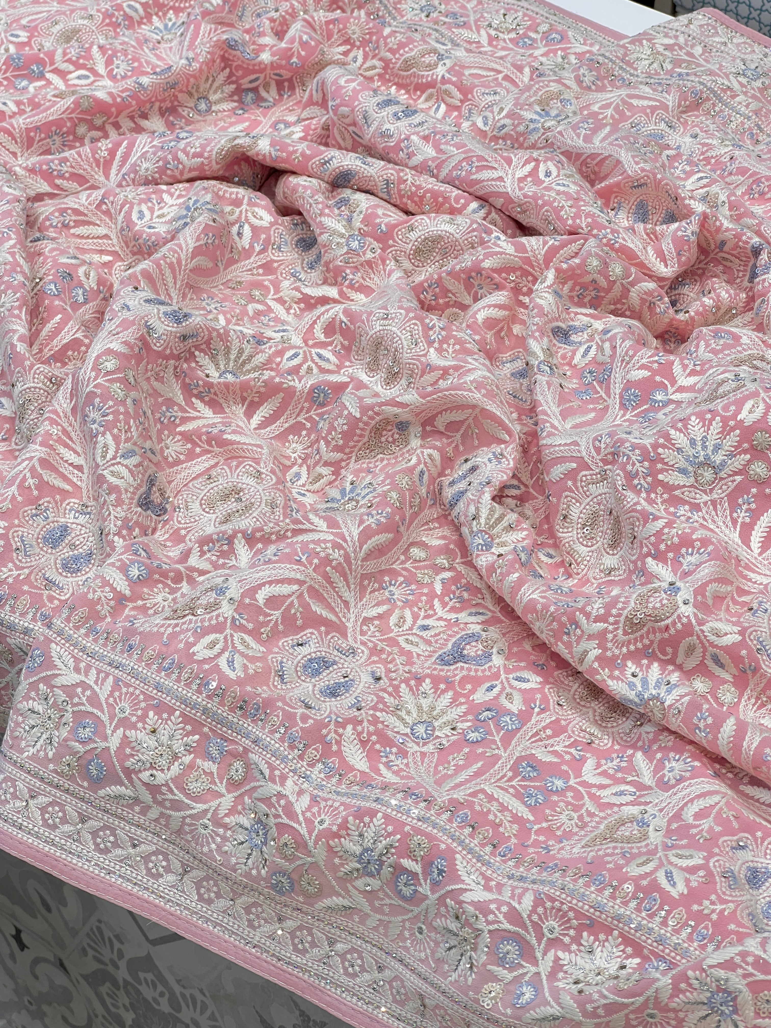Pink Chikankari Saree Floral Design