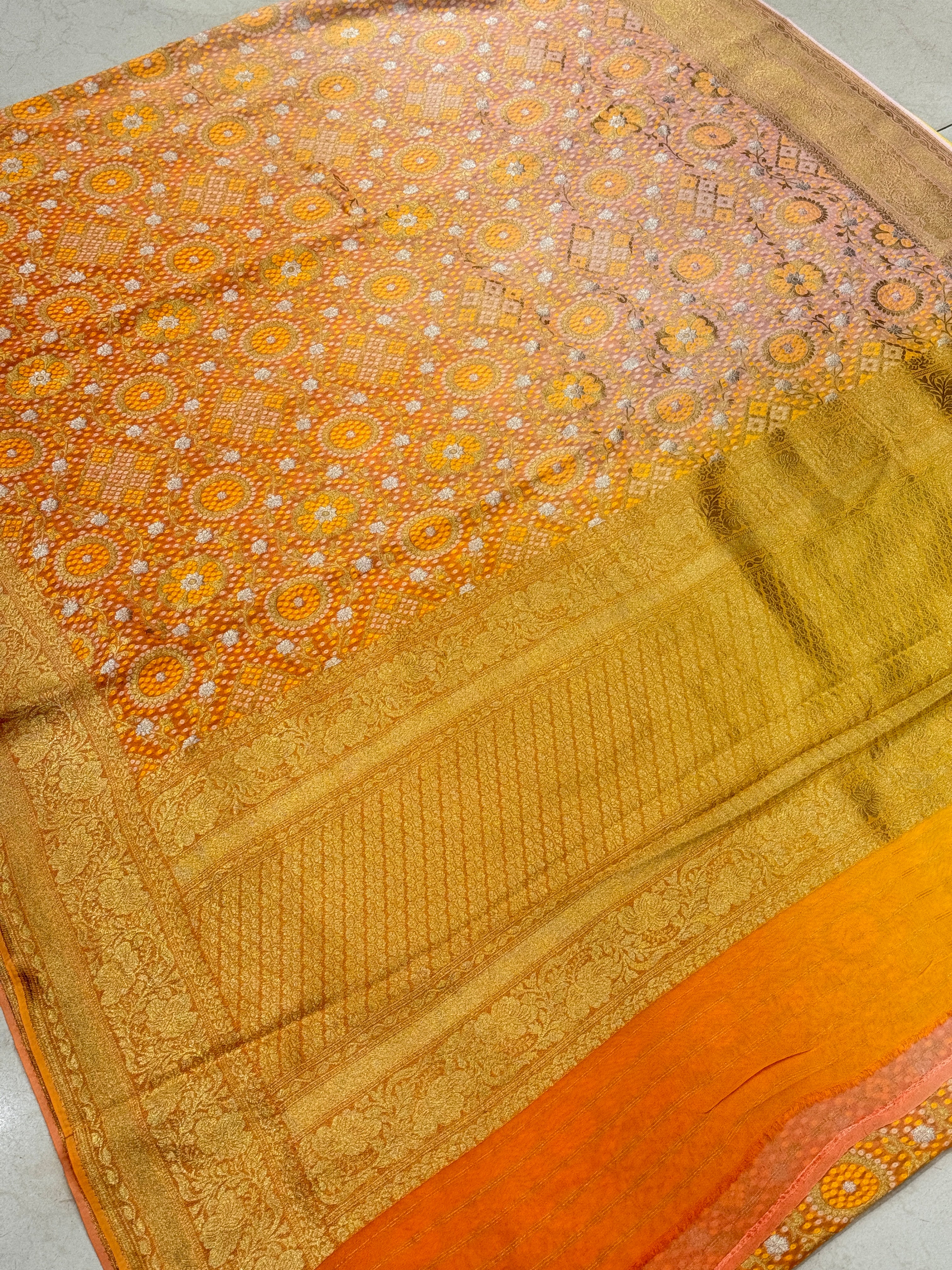 Orange Shaded Woven Bandhej Georgette Banarasi Saree