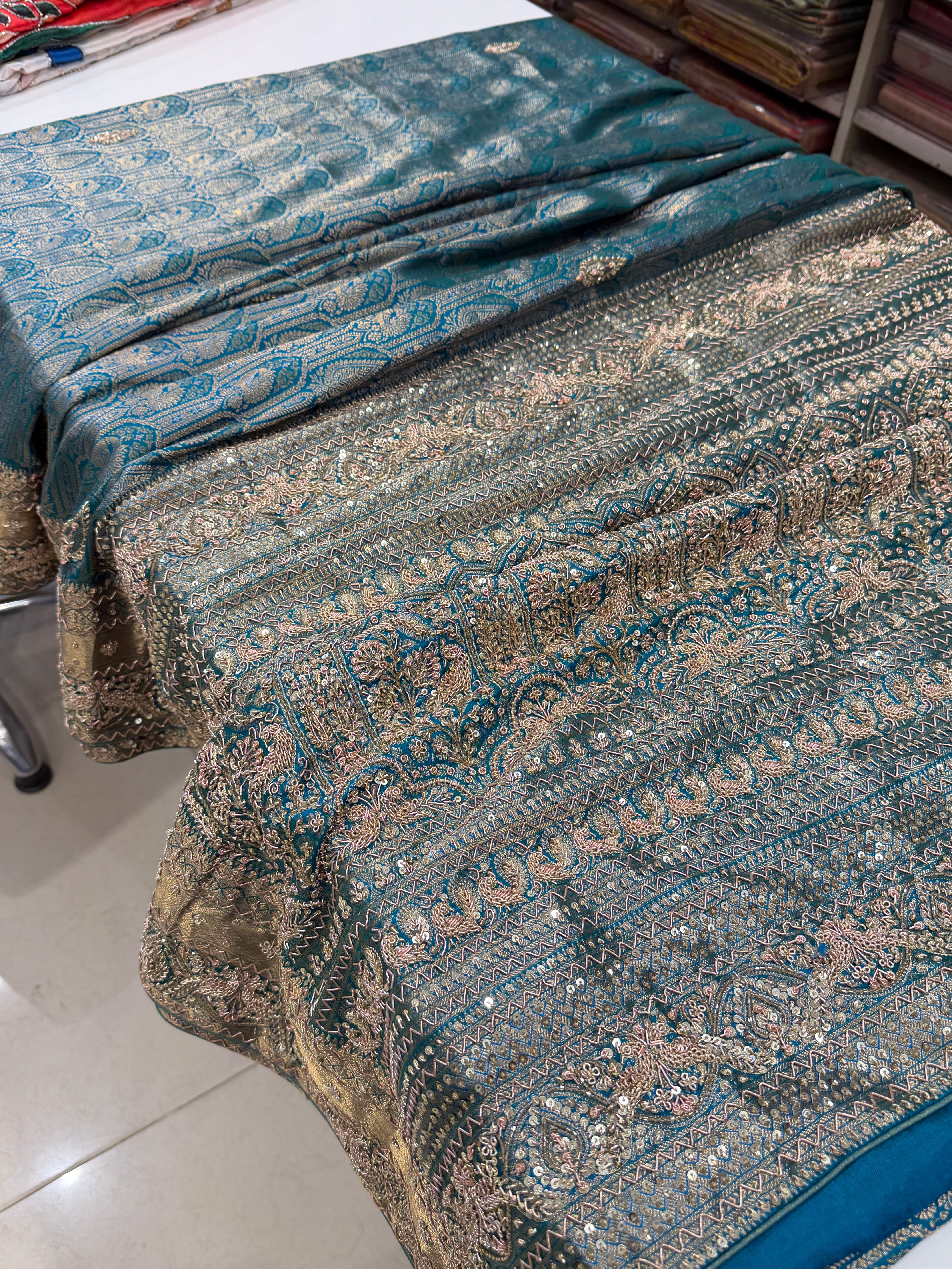 Sea Green Kanjivaram Peacock Motif Zardosi Hand Embroidery Saree