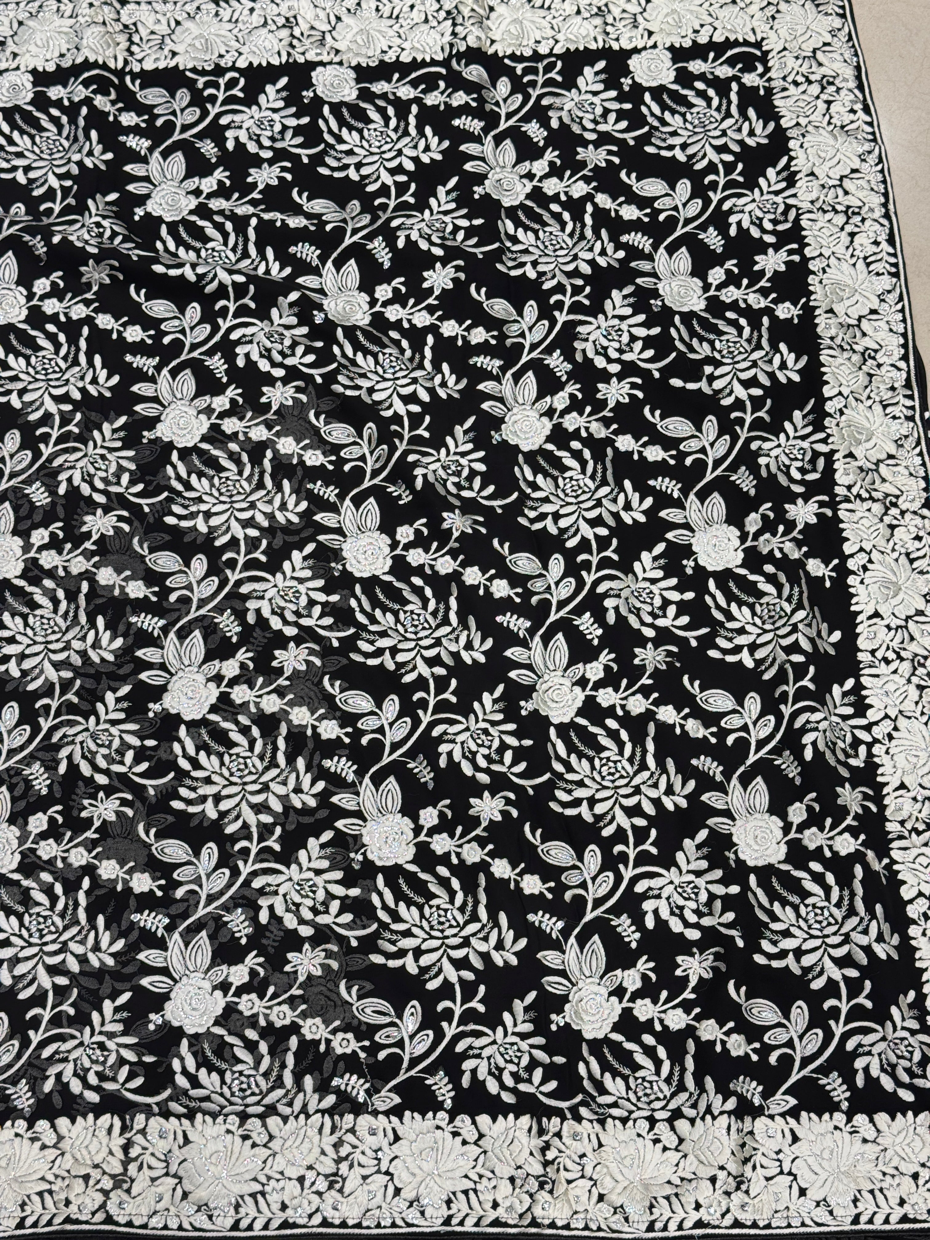 Black Floral Georgette Parsi Gara Saree