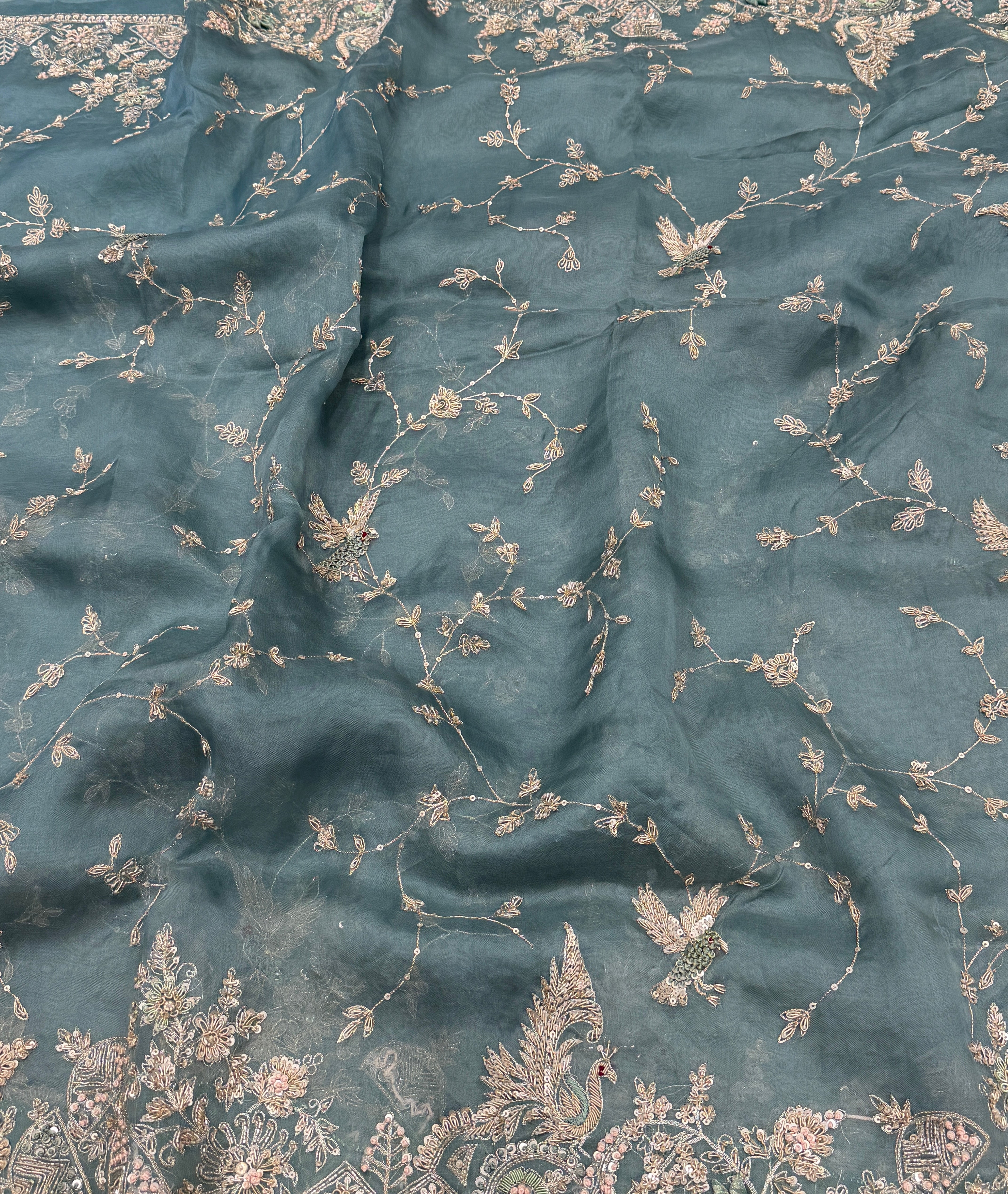 Sea Green Organza Zardosi Peacock Flying Bird Jaal Hand Embroidery Saree