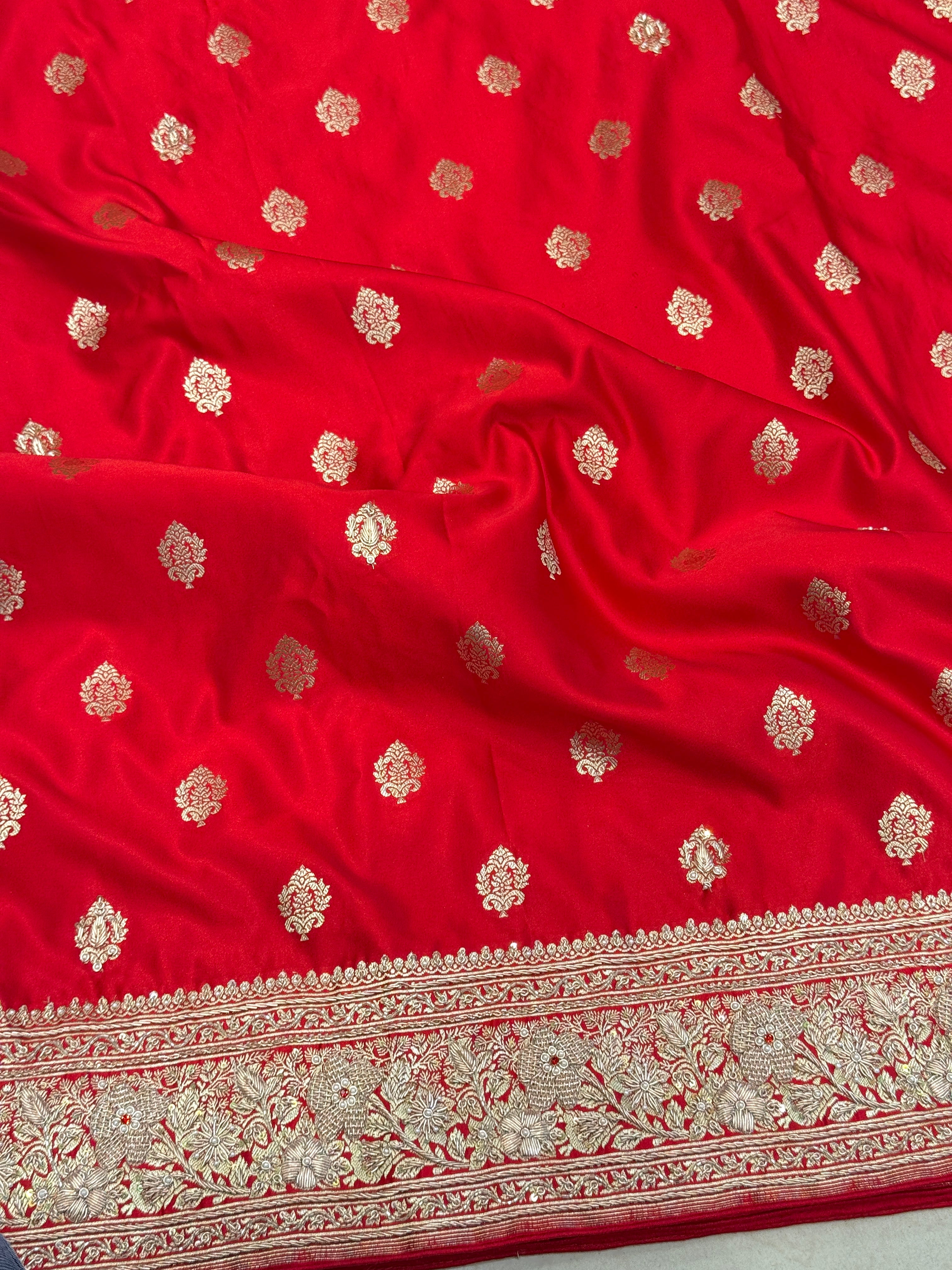 Red Banarasi Rose Border Zardozi Hand Embroidery Saree