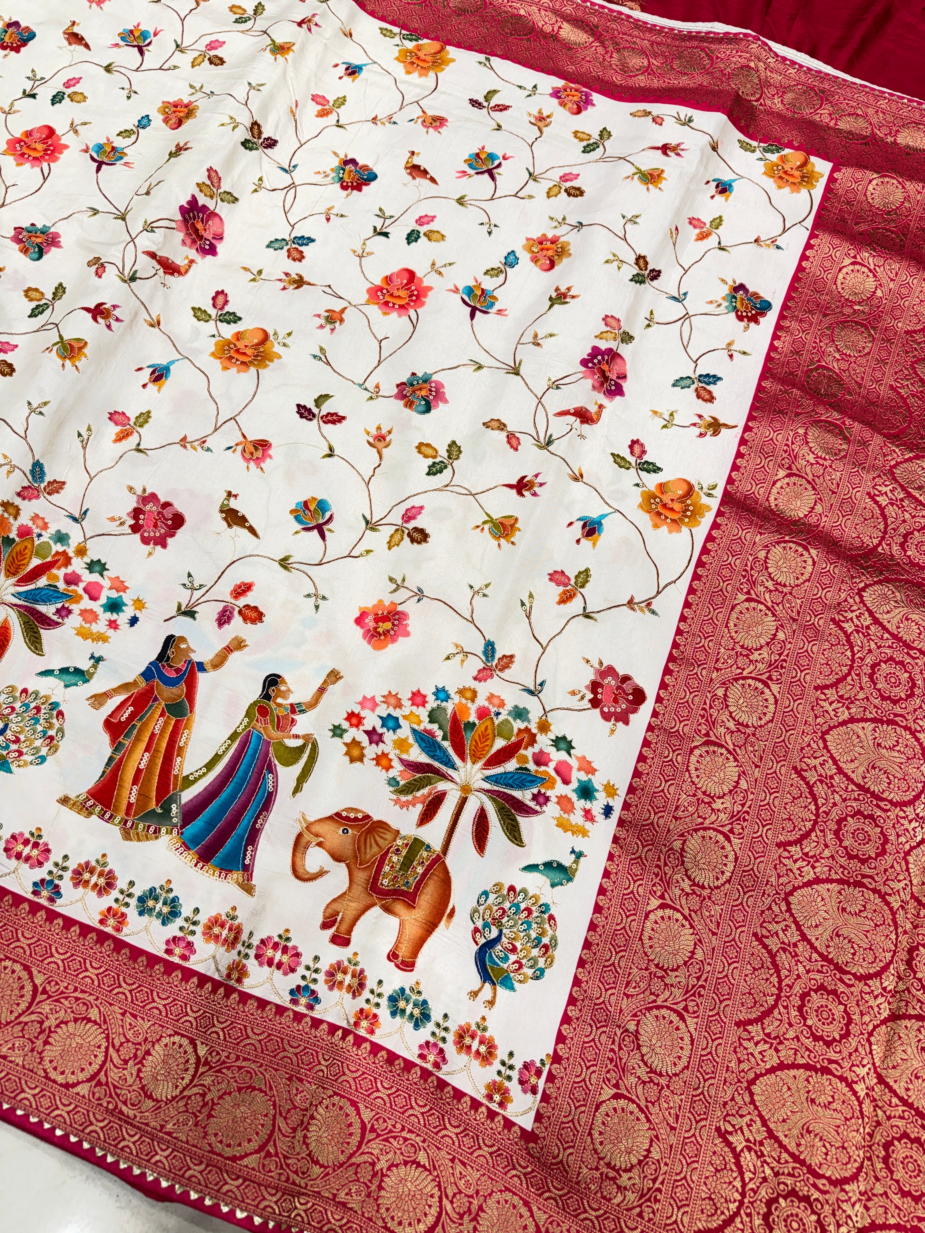 Moti White Baluchari Style Banarasi Munga Pita Embroidery Saree
