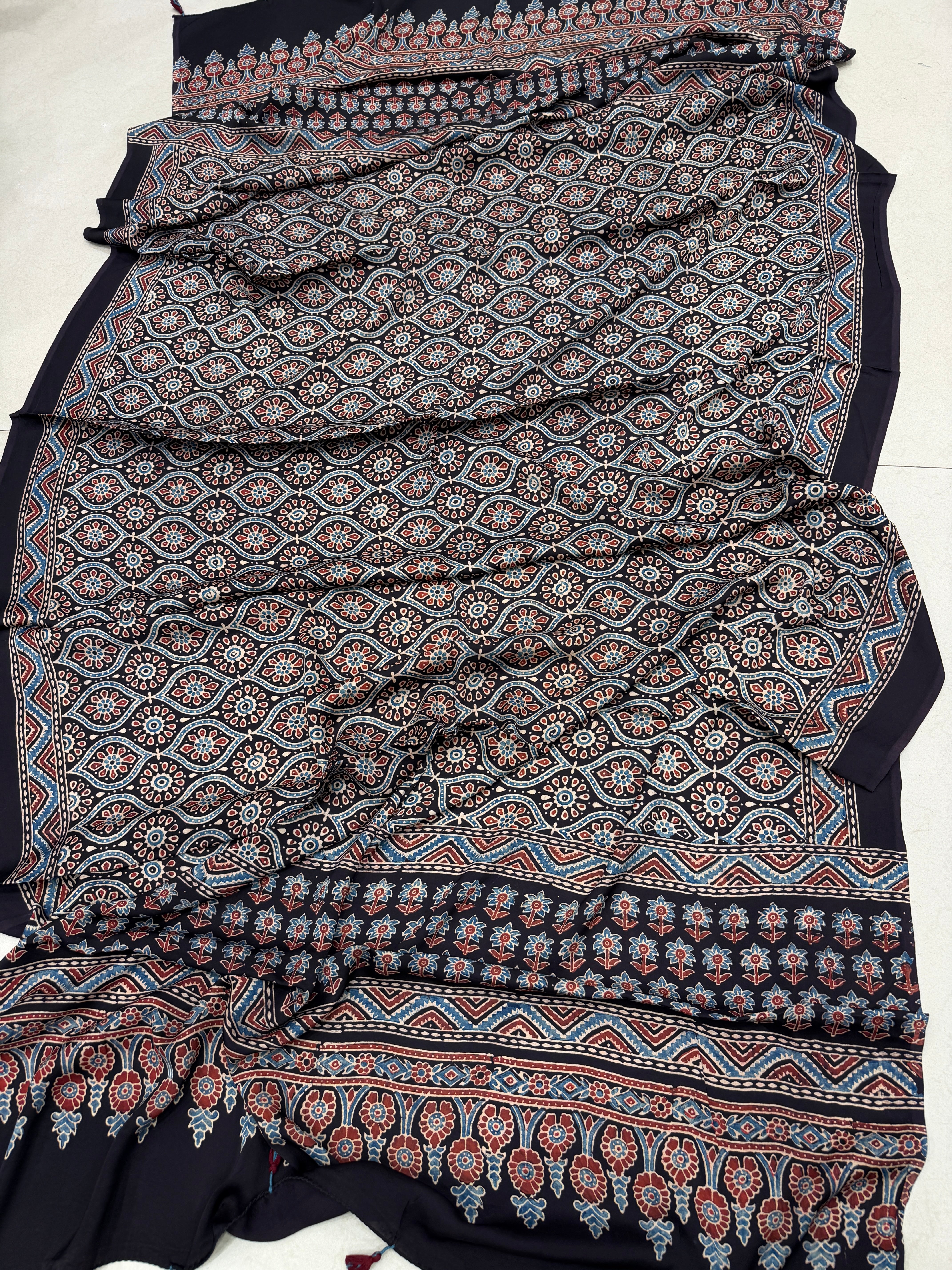 Black Badam Jaal Ajrakh Hand Block Print Pure Gajji Silk Dupatta