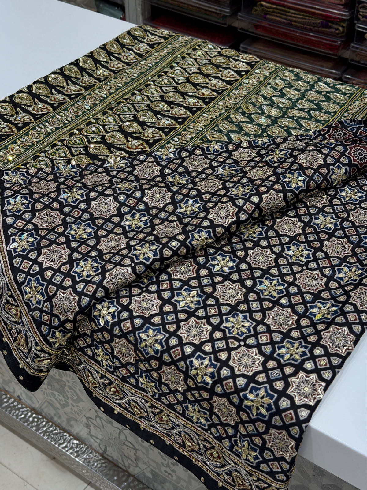 Black Green Pallu Jaal Pita Zardosi Sequin Ajrakh Hand Embroidery Saree