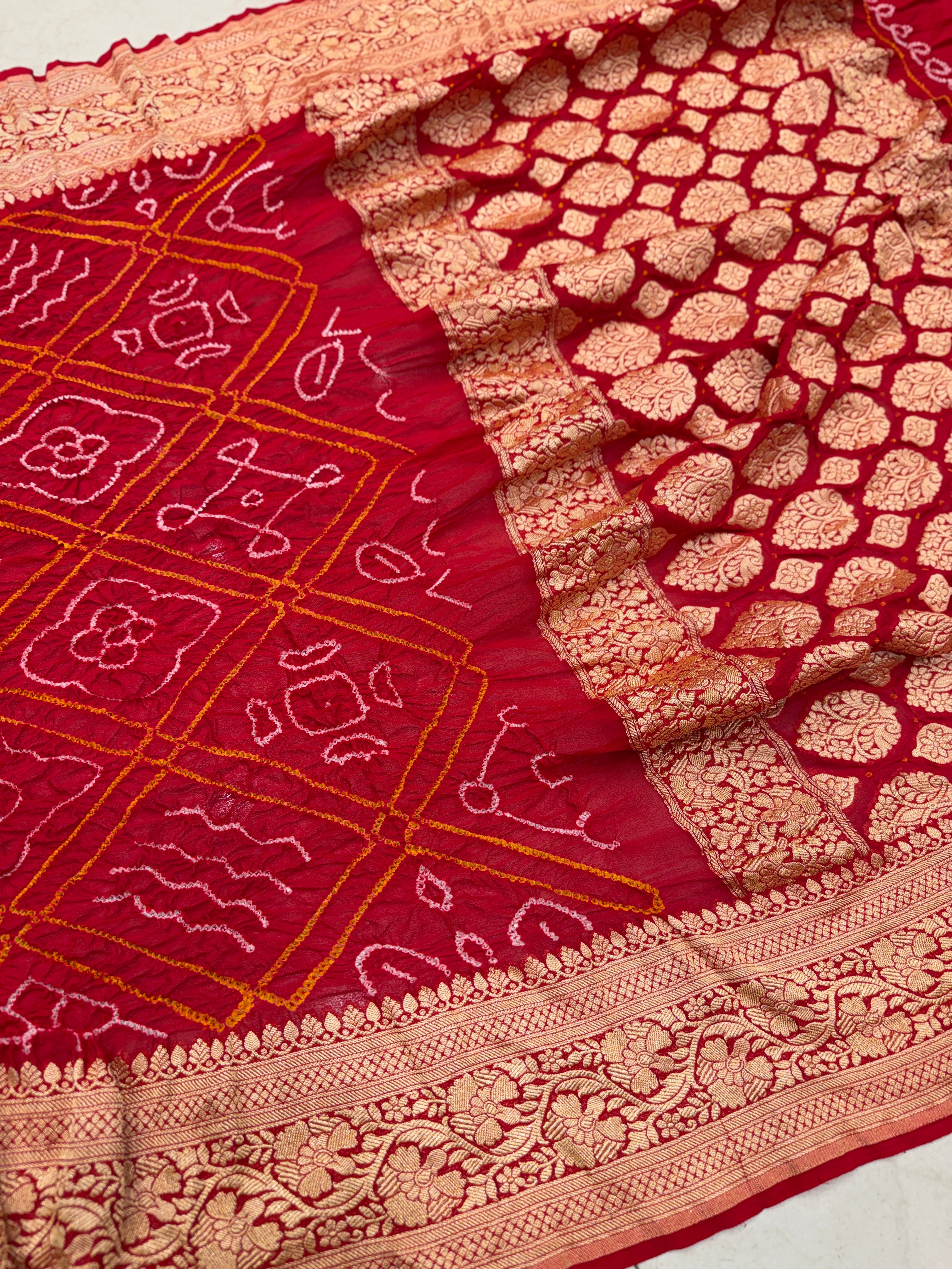 Red Rai Bandhej Bavan Bhat Georgette Saree Banarasi
