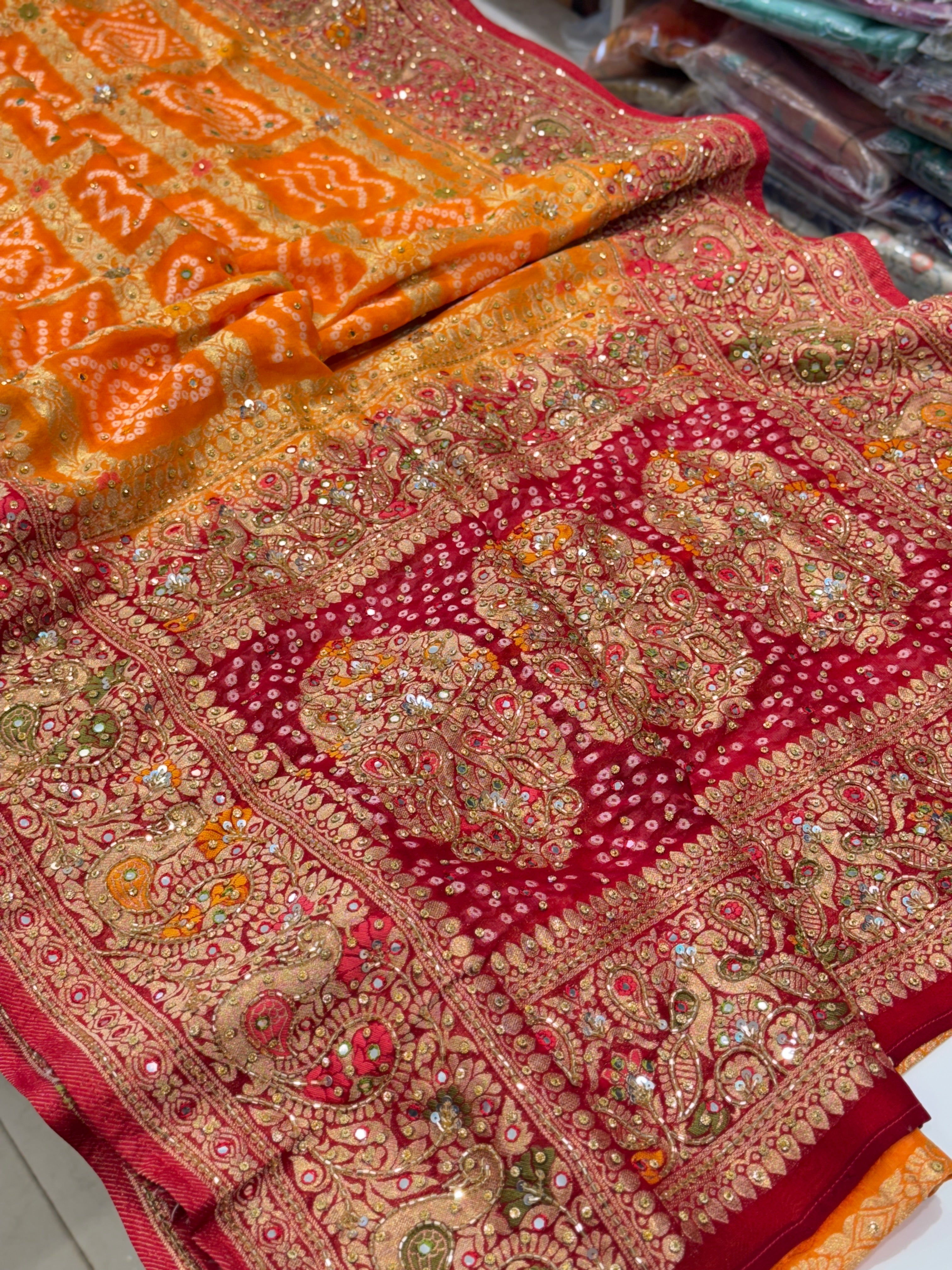 Orange Red Gharchola Hand Embroidery Saree