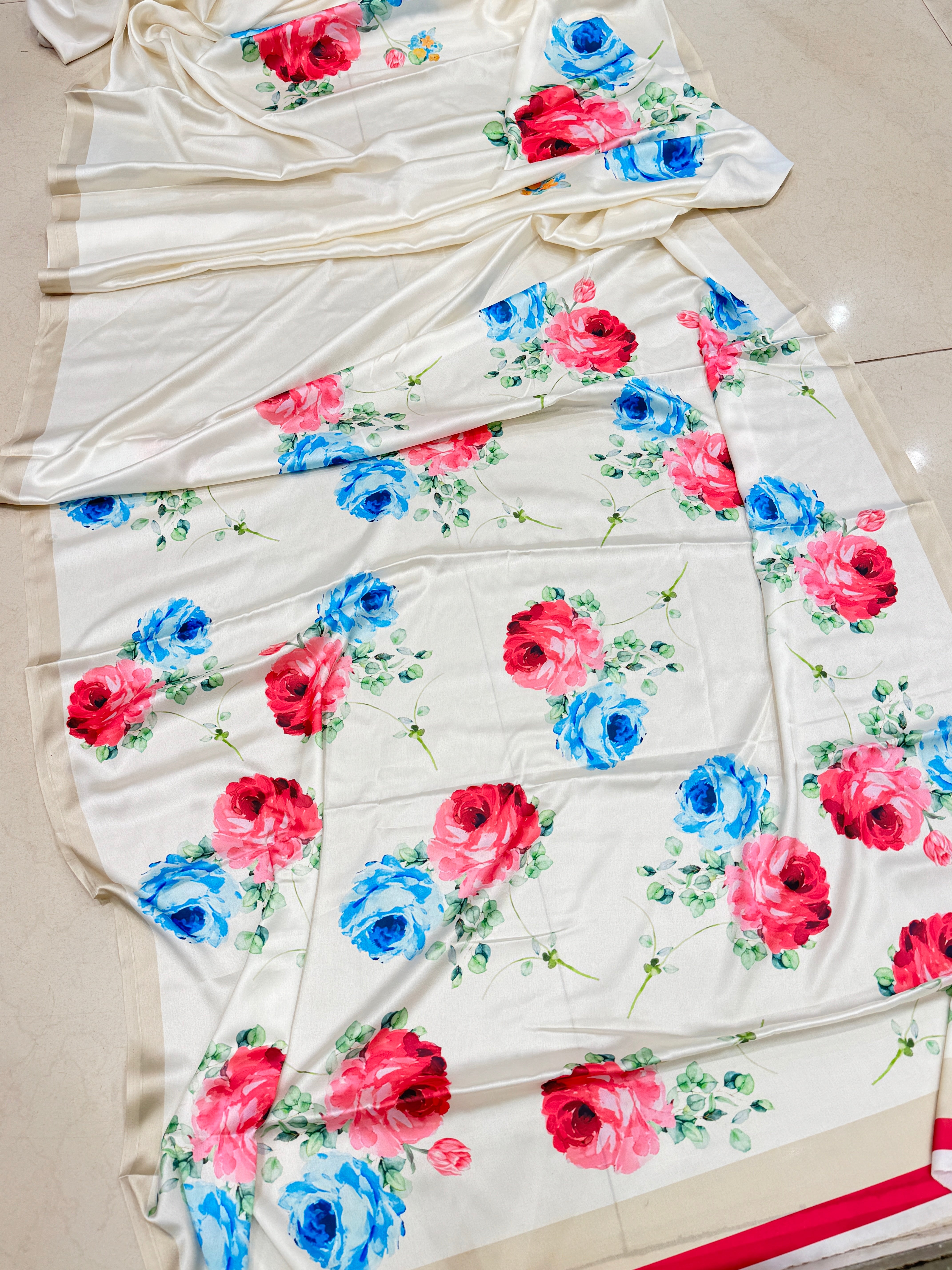 Moti White Floral Satin Printed Saree