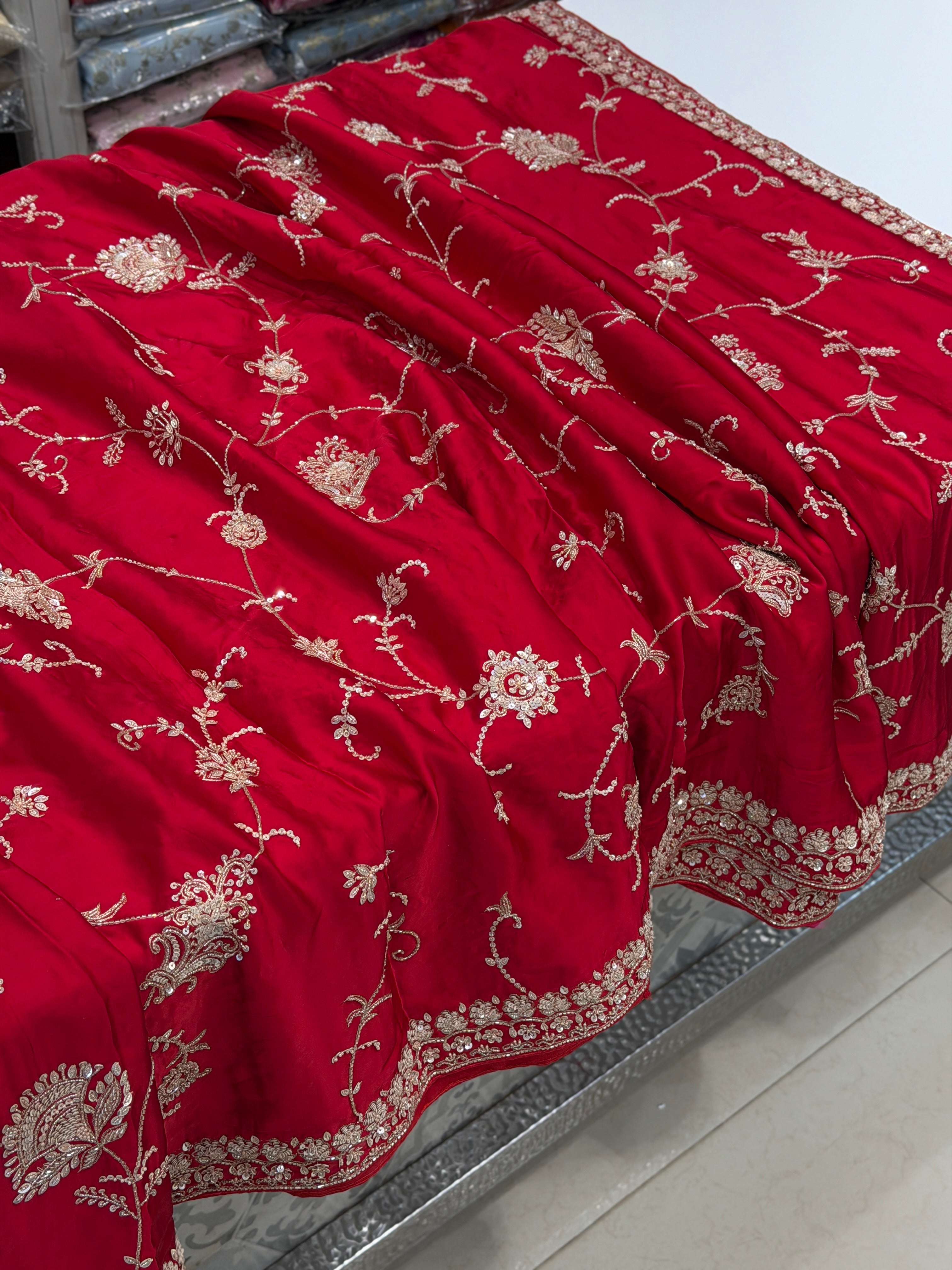 Red Satin Floral Jaal Hand Embroidery Saree