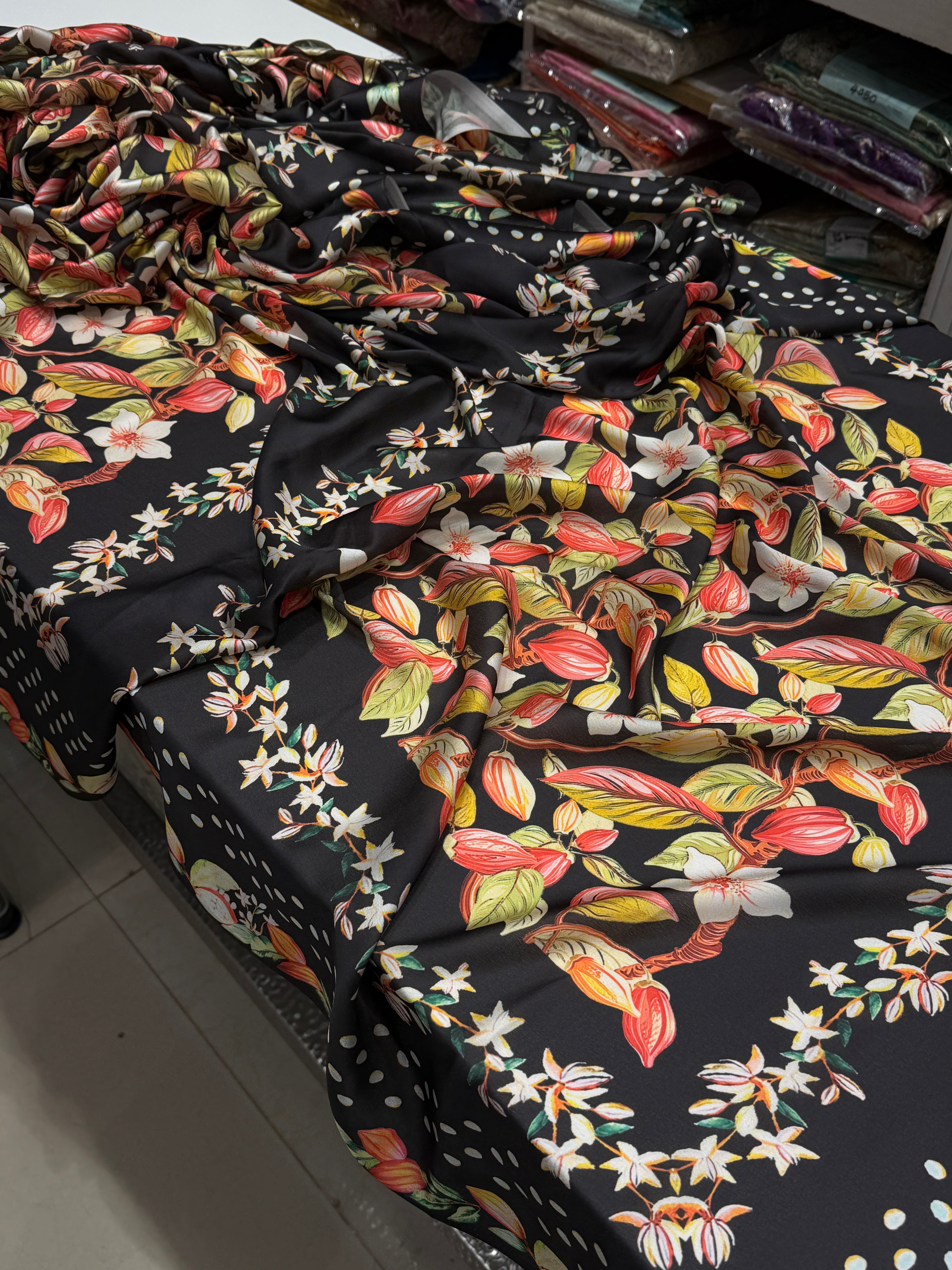 Black Floral Digital Print Satin Saree