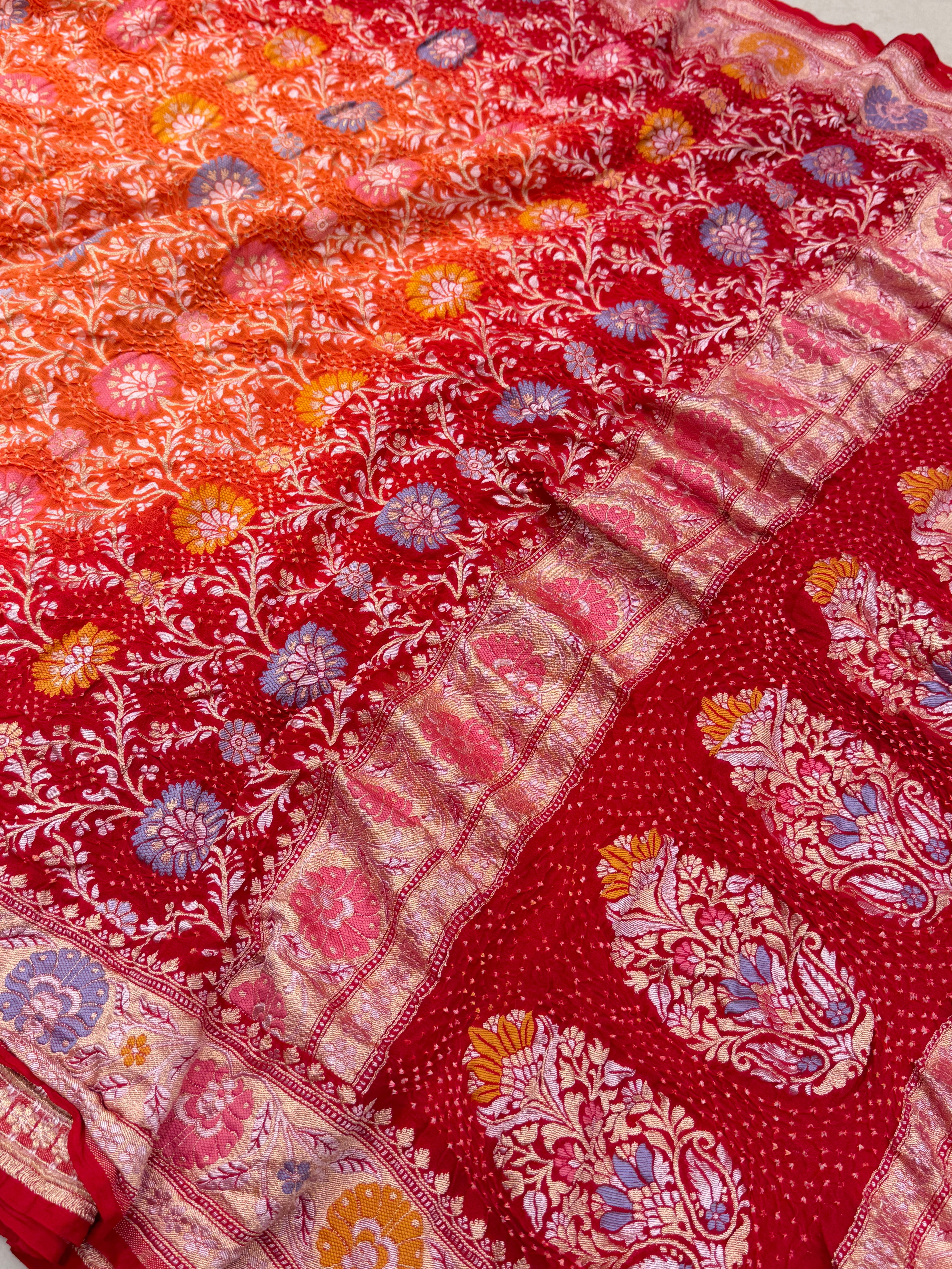 Shaded Orange Red Meenakari Jaal Pure Handloom Bandhej Georgette Saree