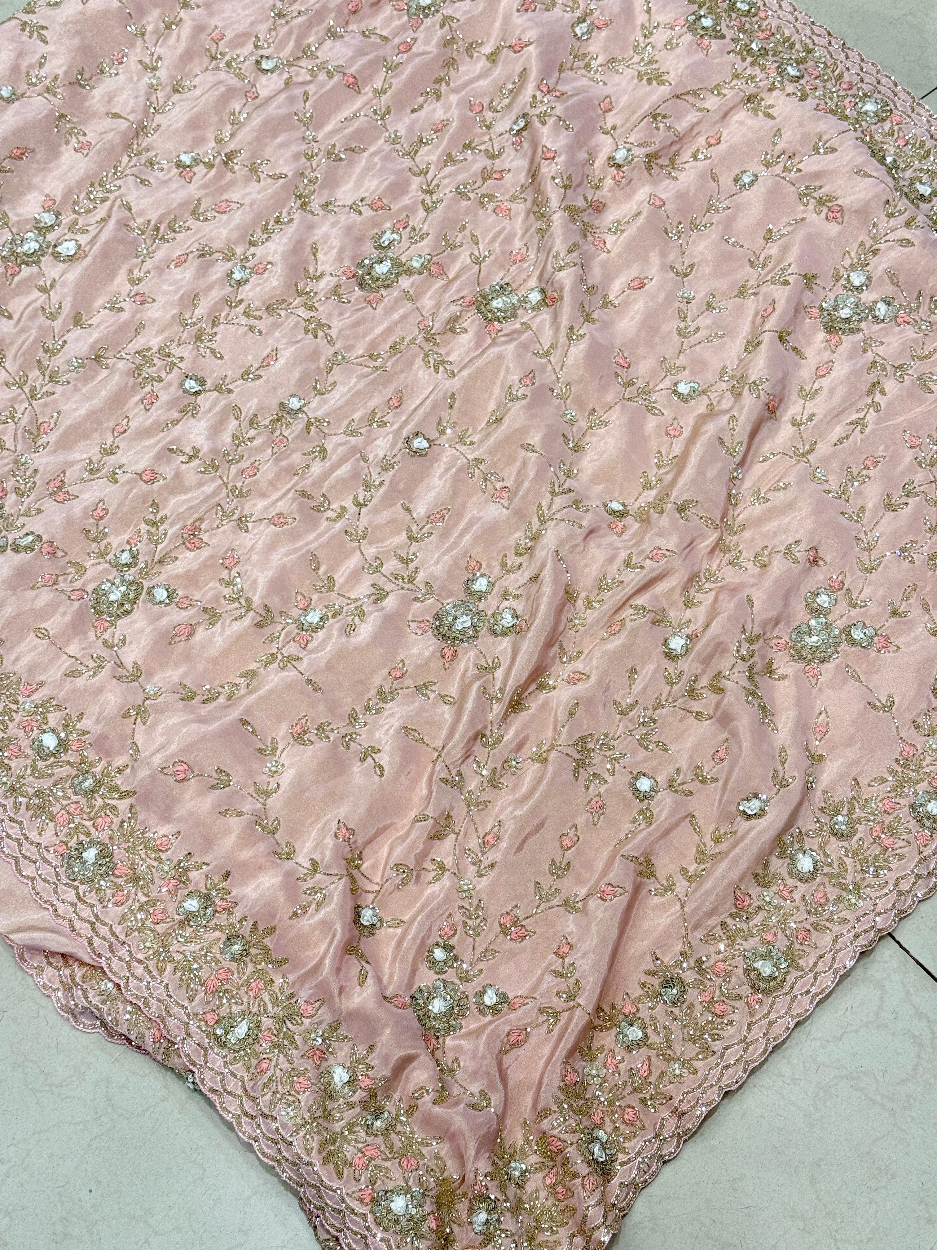 Pink Crepe Tissue Knot Ribbon Embroidery Saree