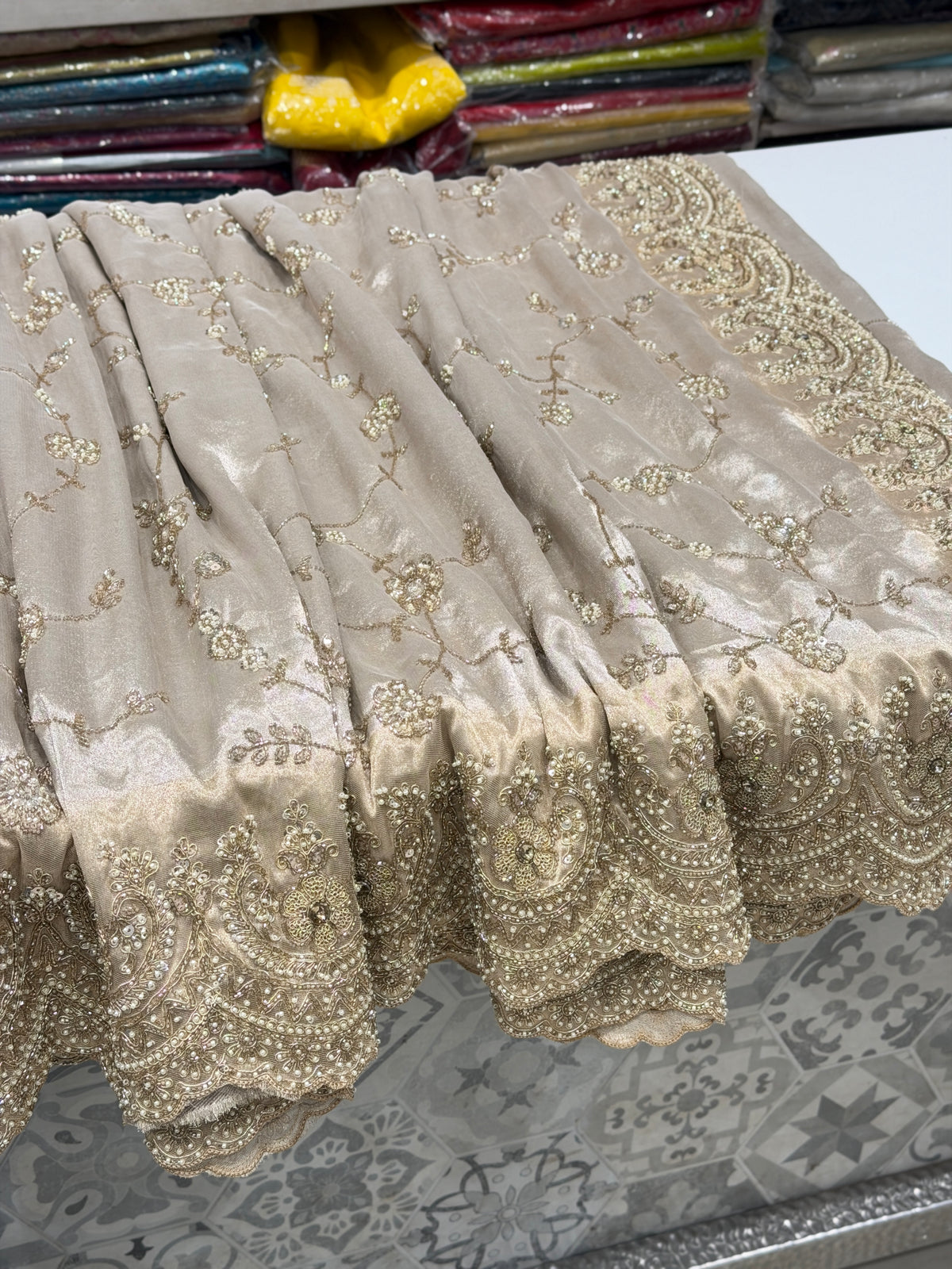 Silver Crepe Tissue Zari Moti Embroidery Jaal Saree