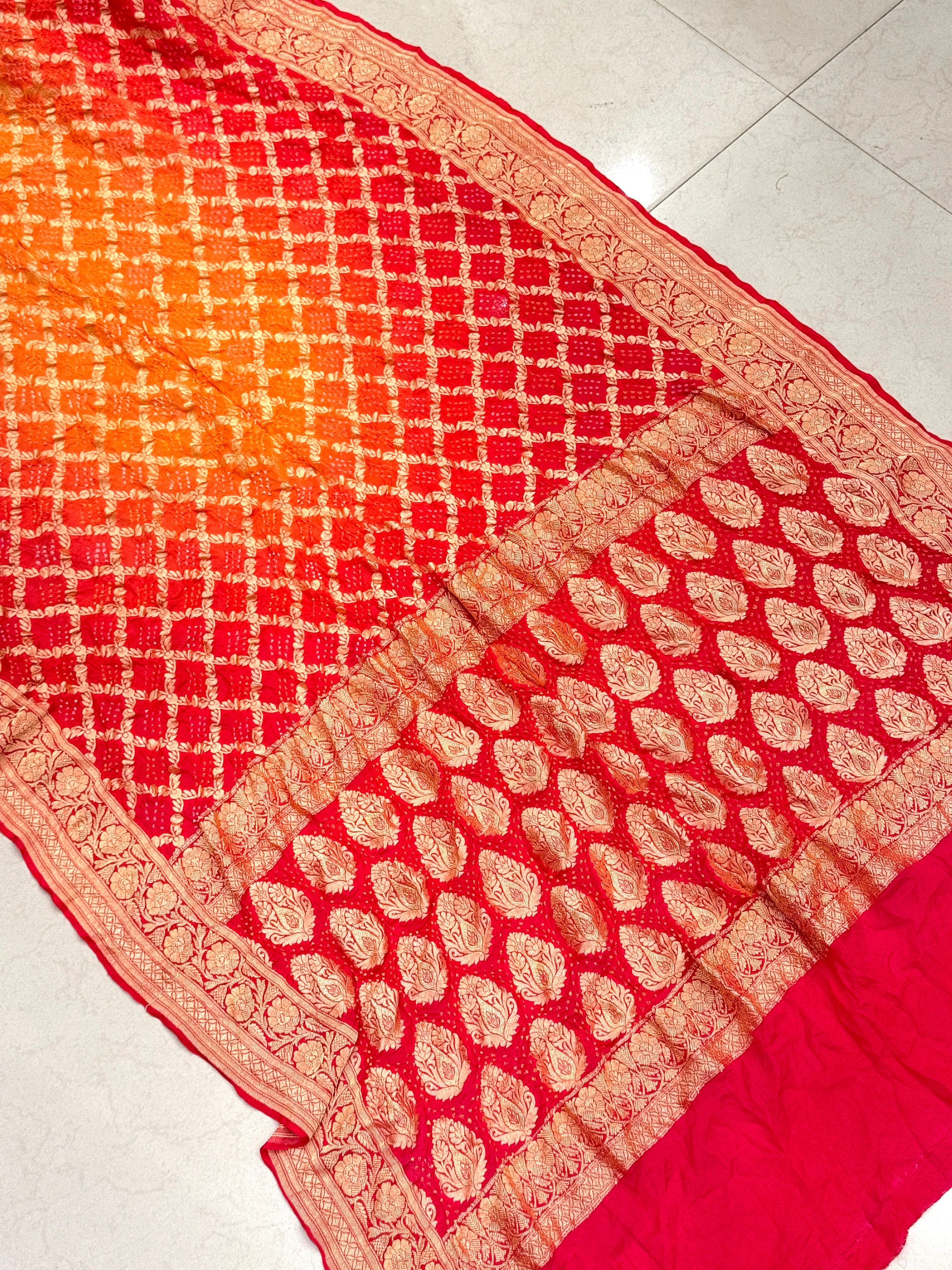 Strawberry Orange Shaded Georgette Handloom Bandhej Bandhini Saree
