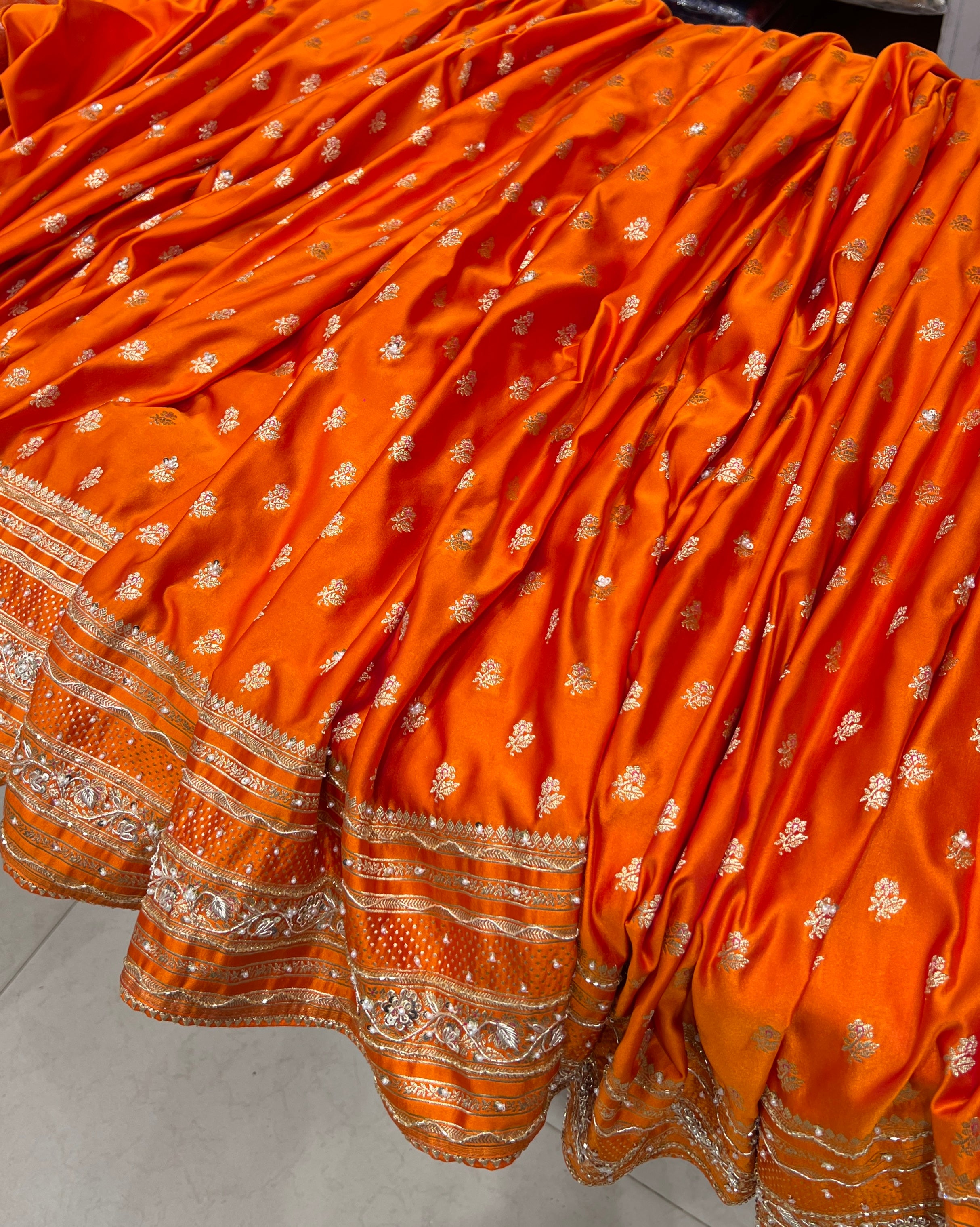 Orange Banarasi Silk Hand Embroidery Saree