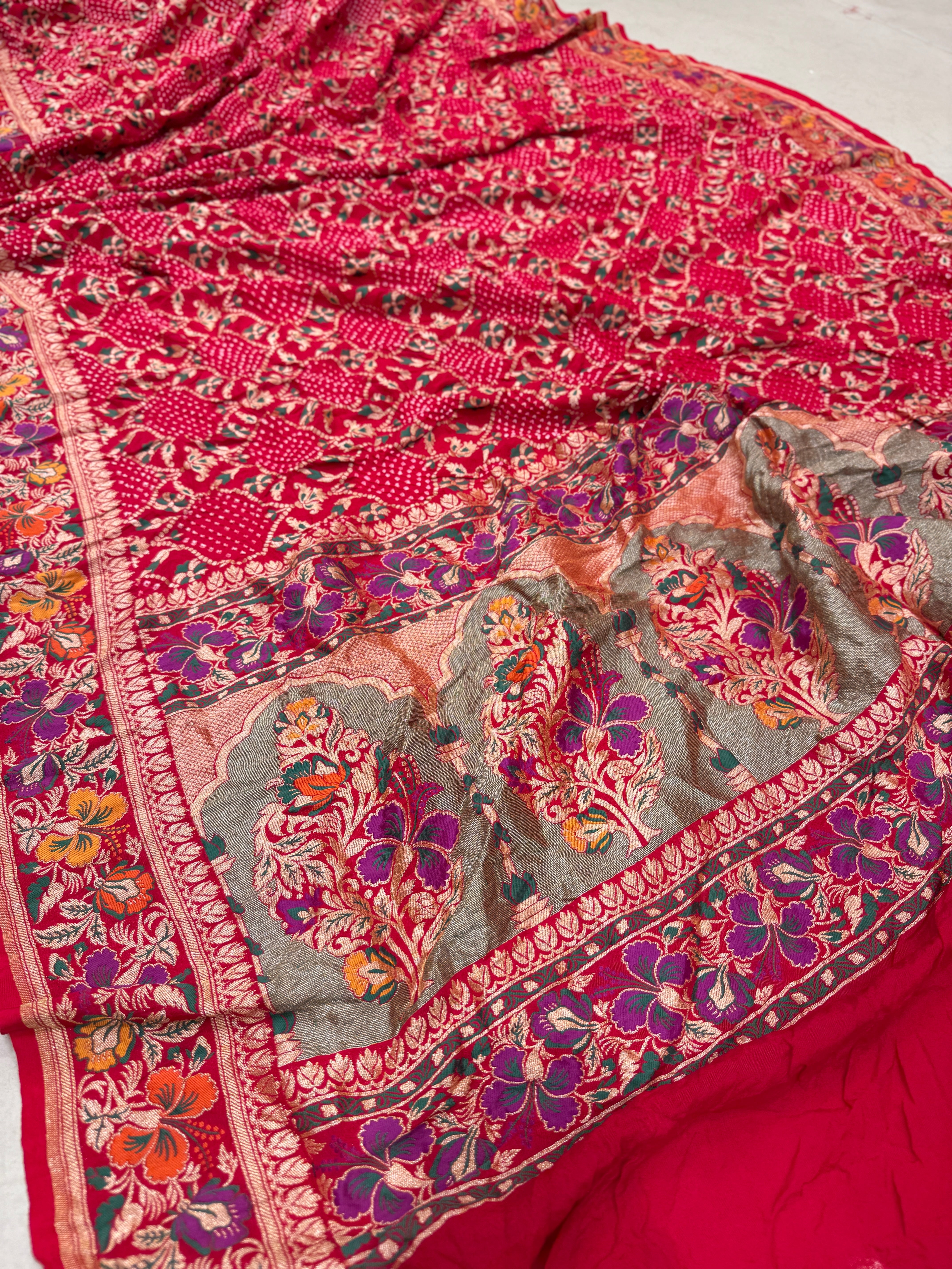 Red Meenakari Rai Bandhej Floral Border Saree