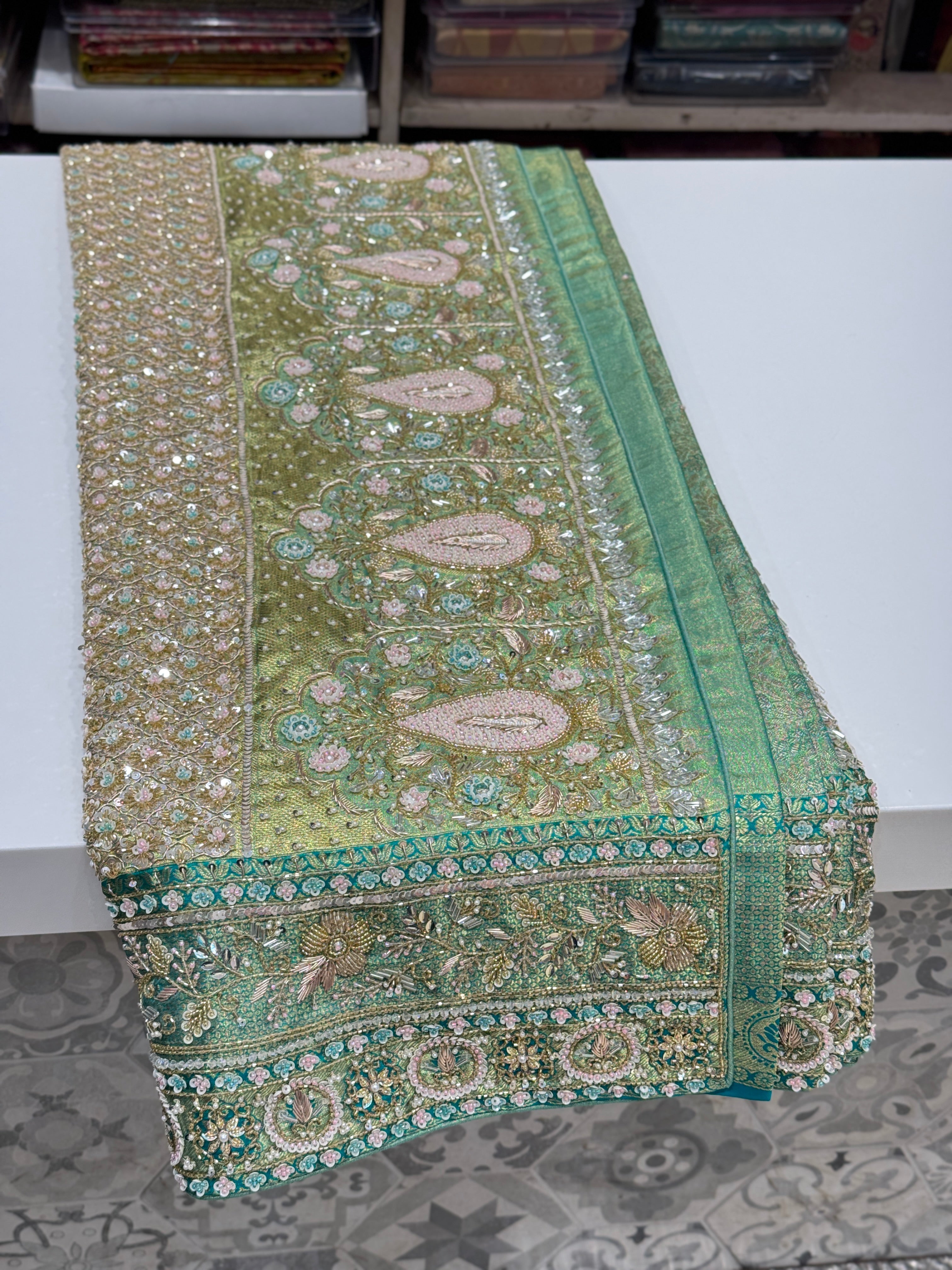Pista Green Tissue Kanjivaram Hand Embroidery Saree