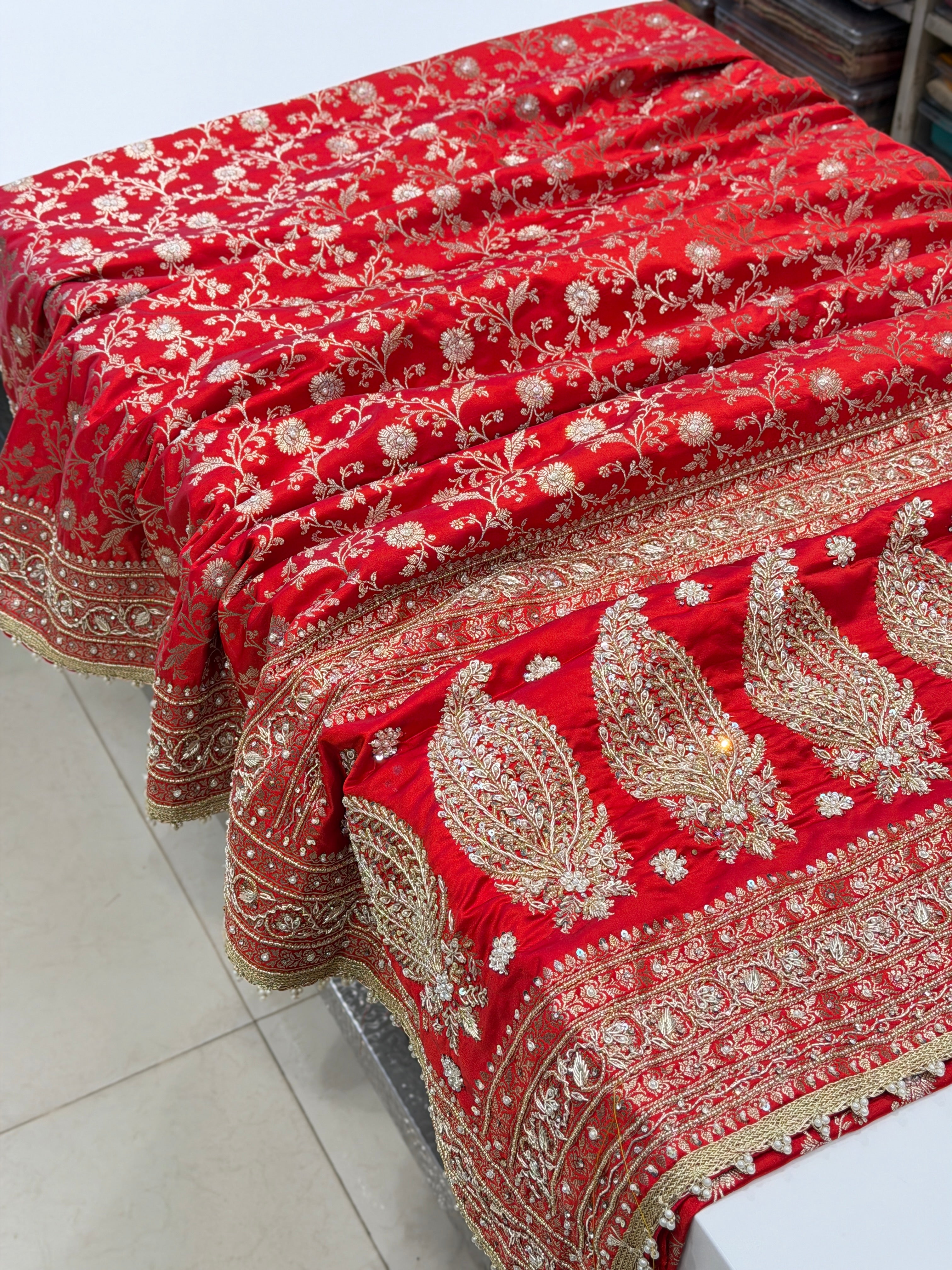 Red Banarasi Sona Roopa Jaal Zardosi Hand Embroidery Saree