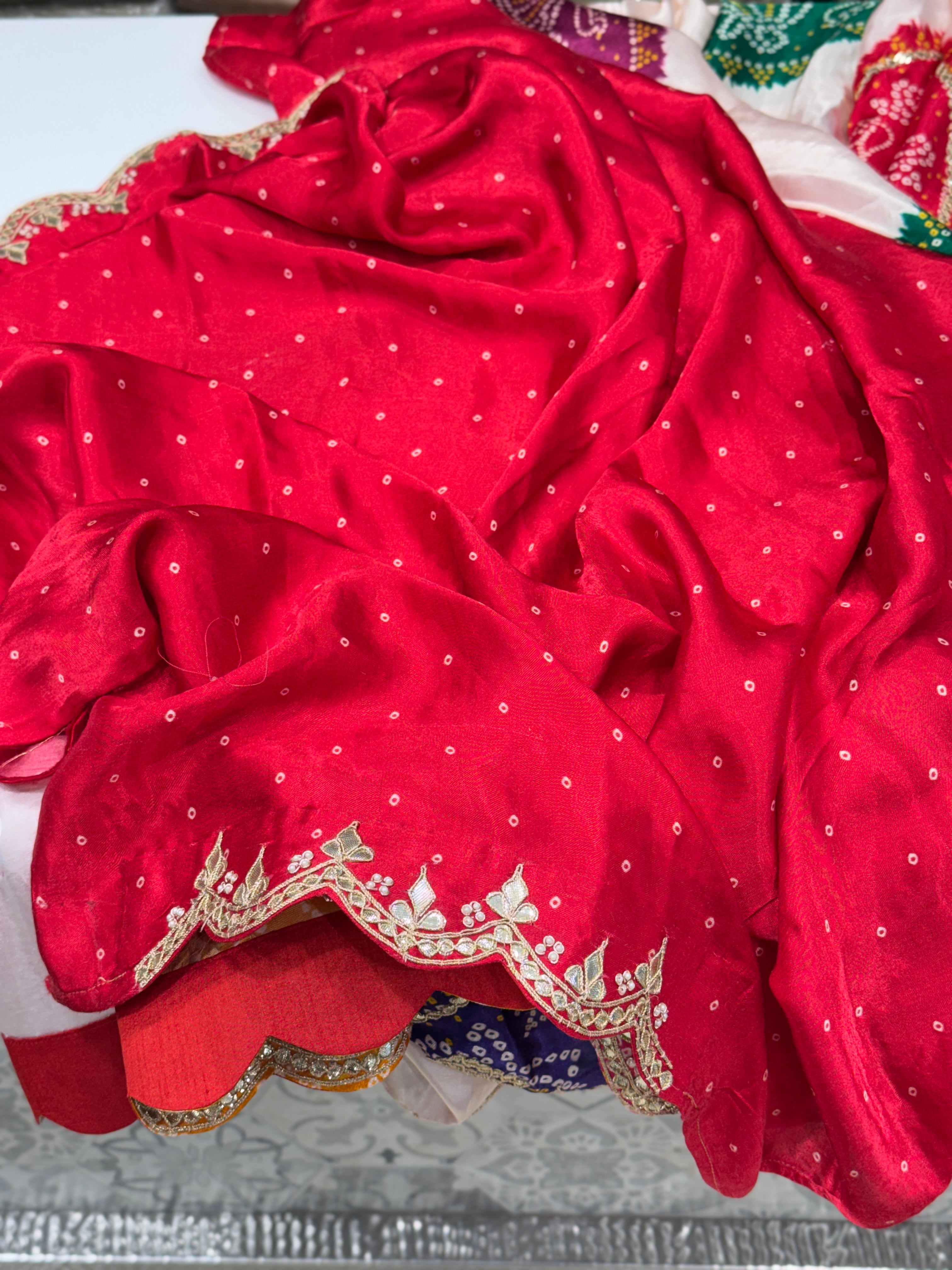 Moti White Gajji Silk Bandhej Print Hand Done Gotapatti Saree